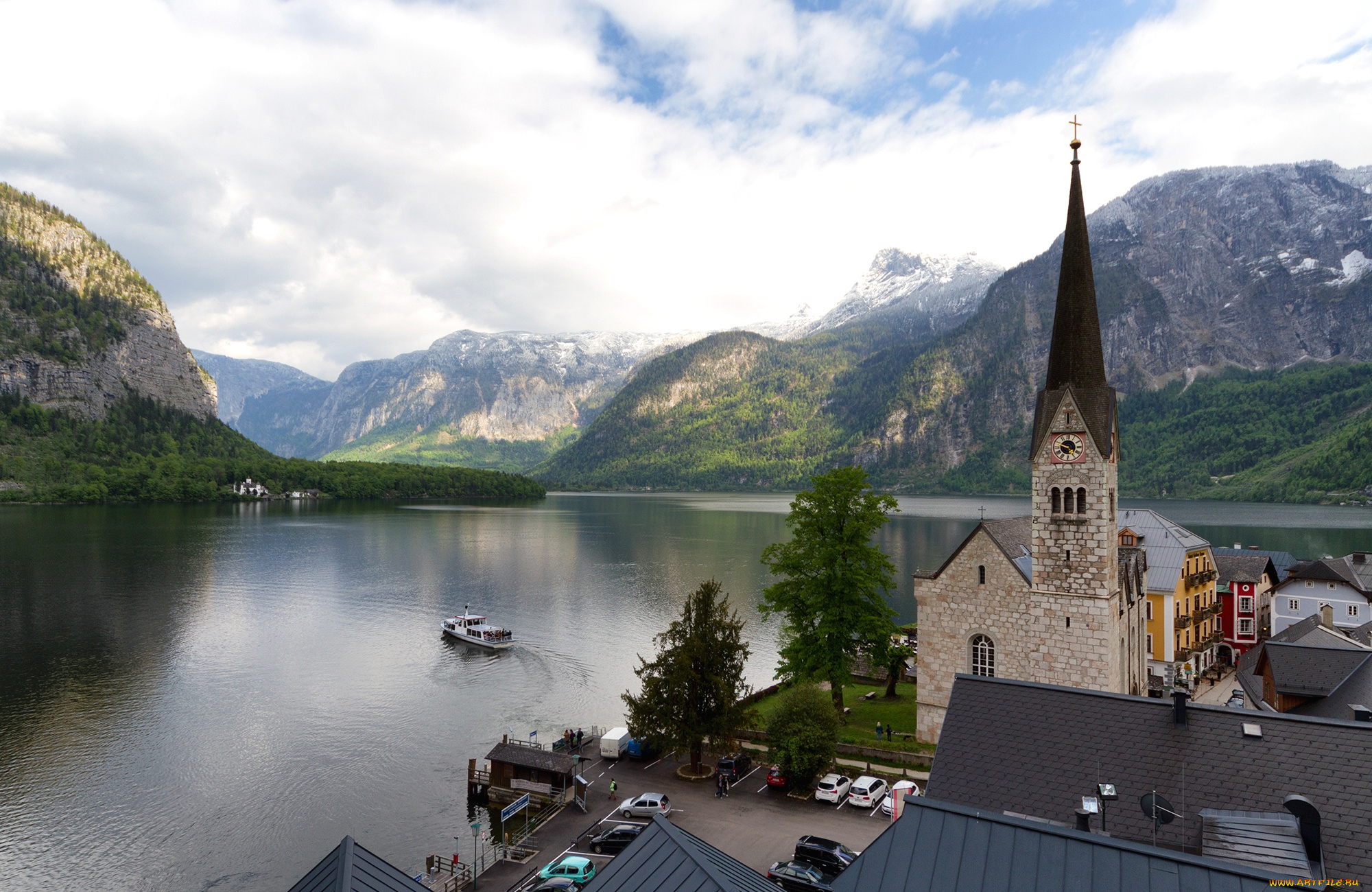 города, гальштат, , австрия, шпиль, вода, лес