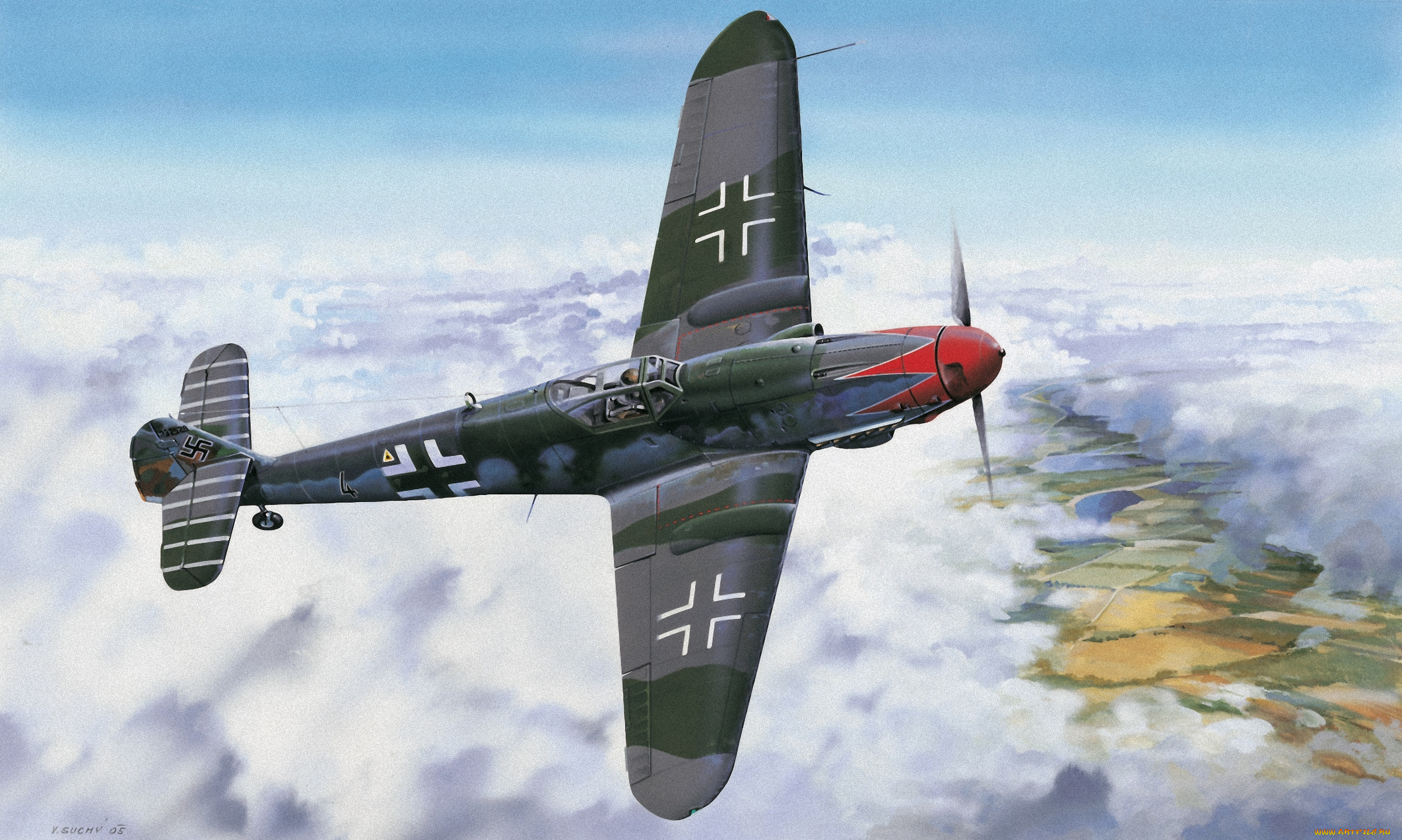 рисованные, авиация, war, ww2, painting, drawing, bf, 109, art, german, fighter