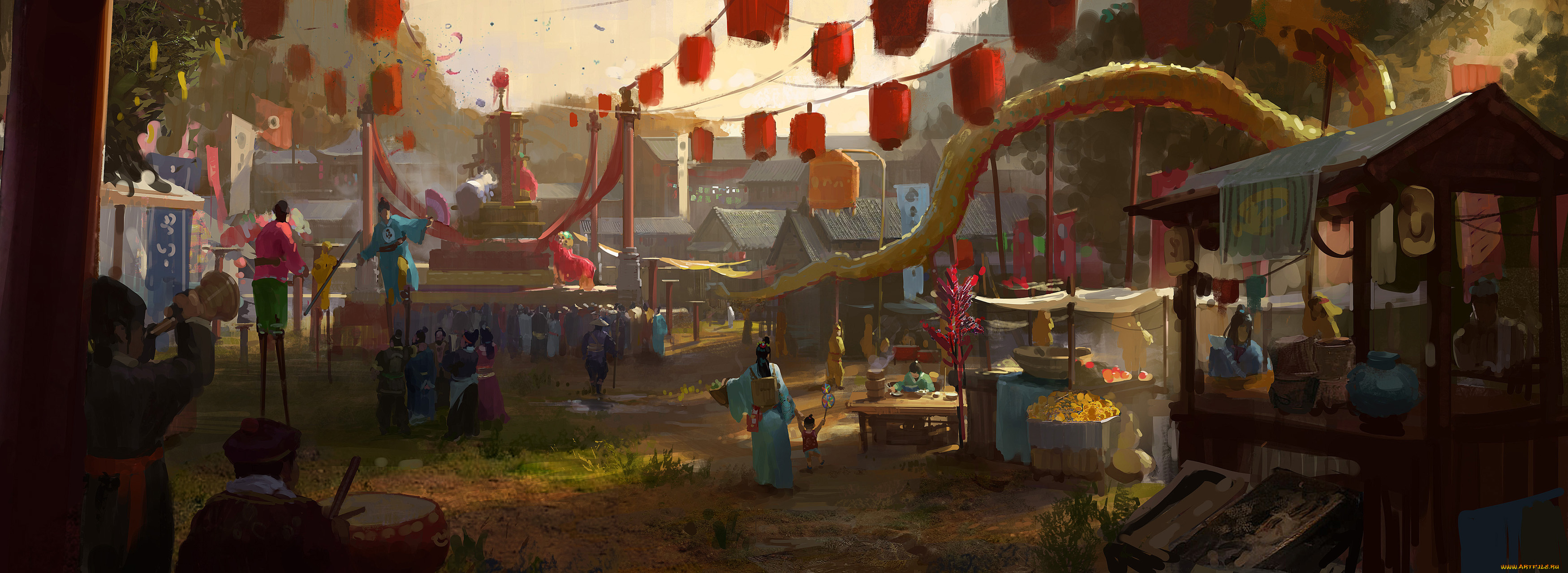 рисованные, живопись, город, праздник, люди