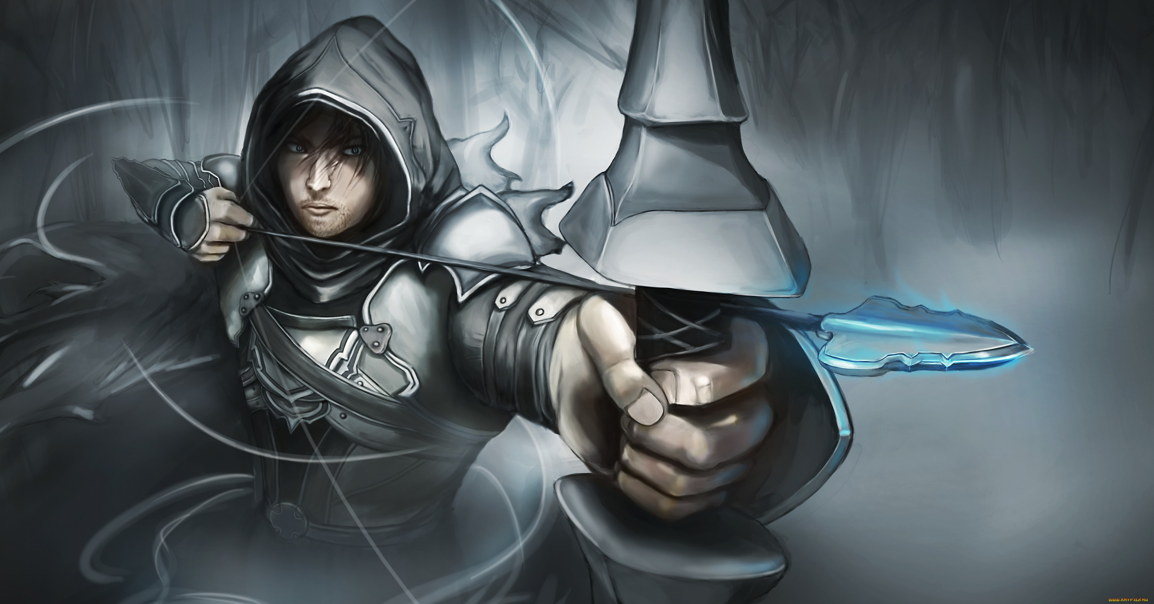 фэнтези, девушки, diablo, 3, стрела, лук, капюшон, парень, demon, hunter