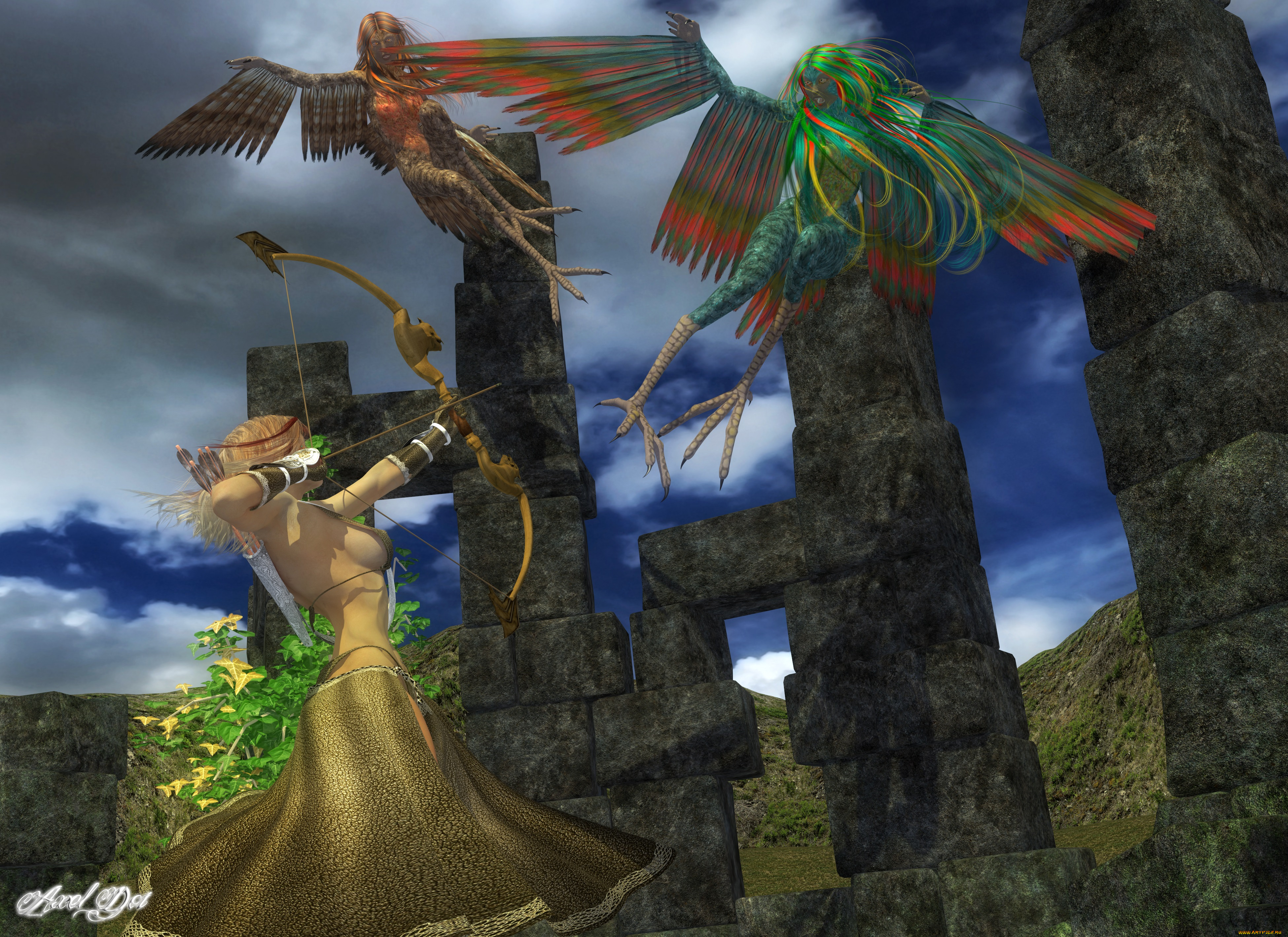 3д, графика, fantasy, , фантазия, демоницы, лук, девушка