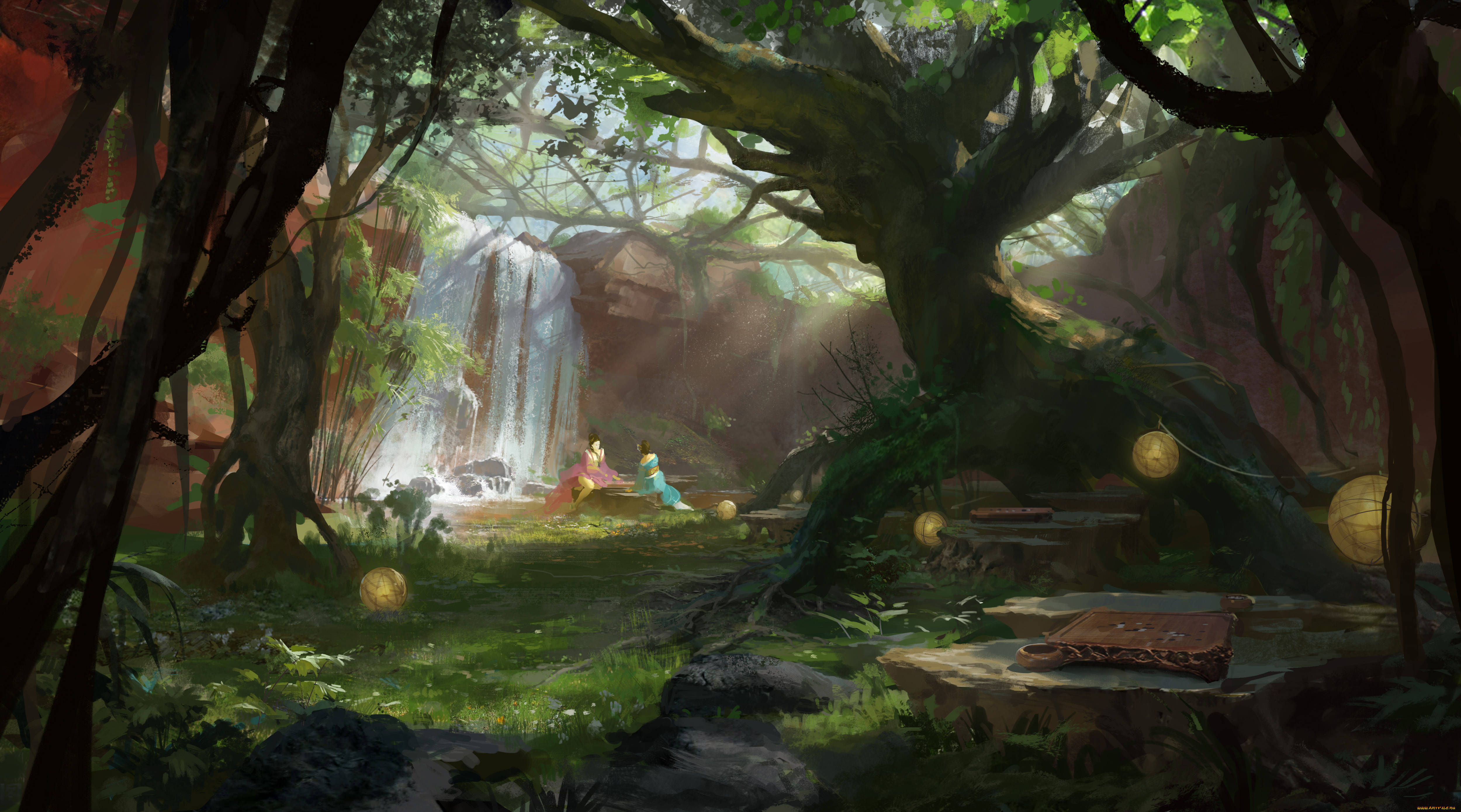 рисованные, живопись, водопад, девушки, лес