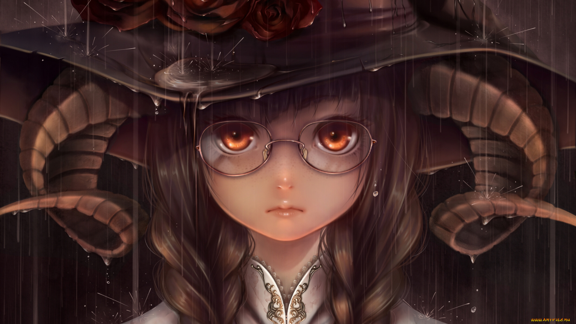 аниме, ангелы, , демоны, дождь, розы, шляпа, рога, очки, девушка, bouno, satoshi, арт