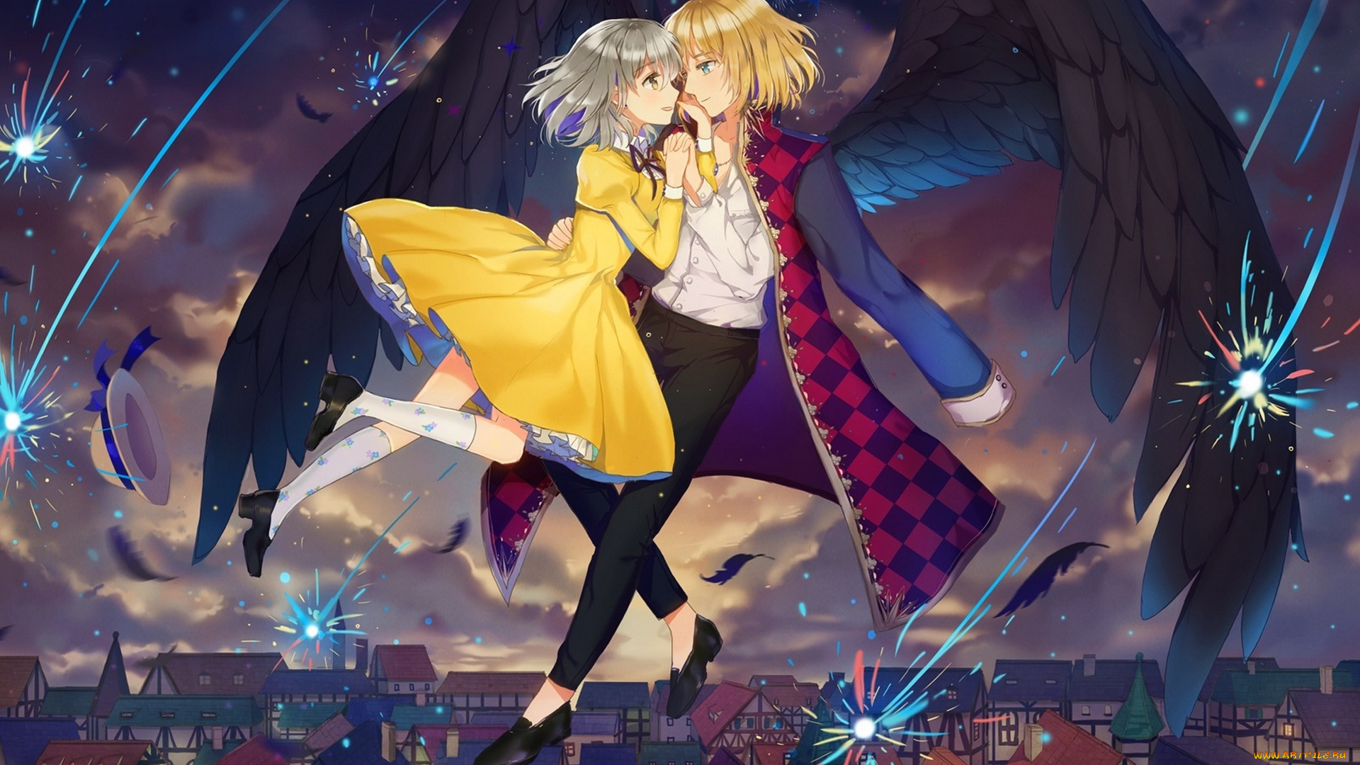 аниме, howl`s, moving, castle, полёт, девушка, хаул, парень, арт, пара