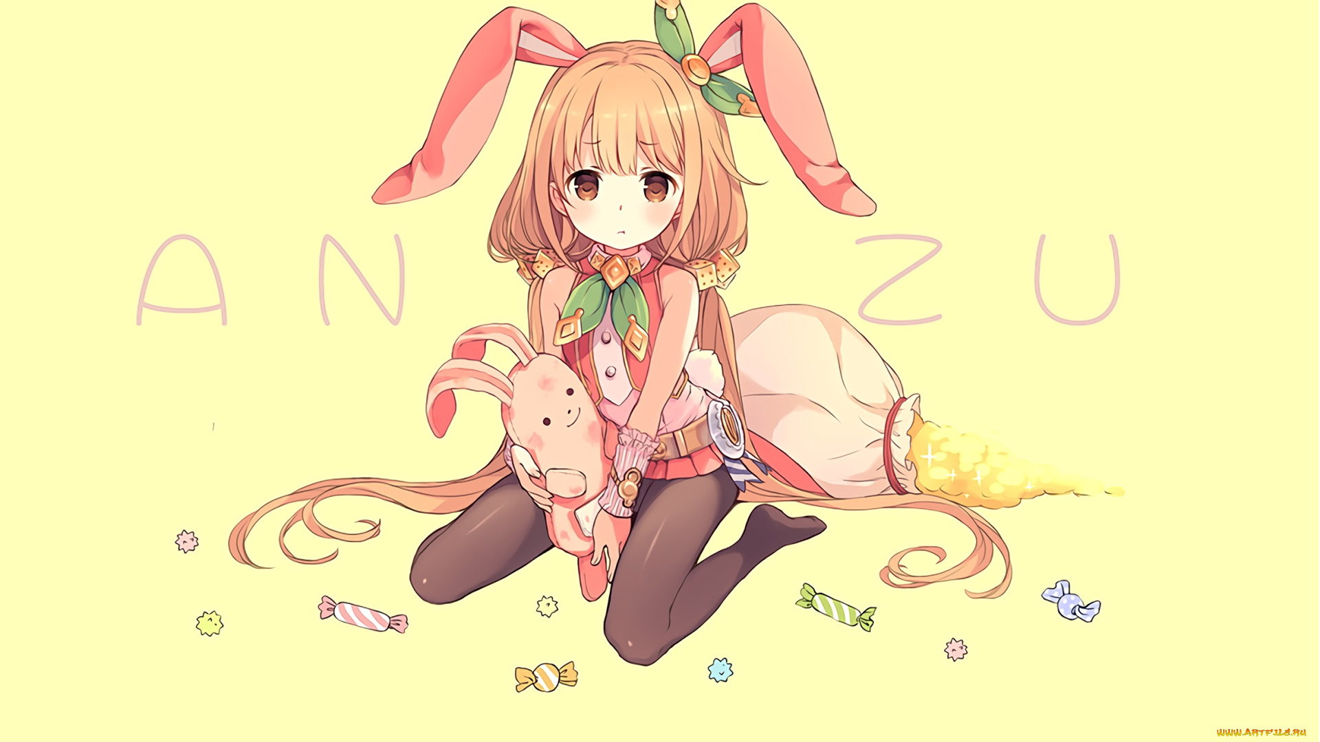 аниме, idolm@ster, конфеты, девочка, арт, жёлтый, фон, игрушка, ушки, tagme, artist, futaba, anzu