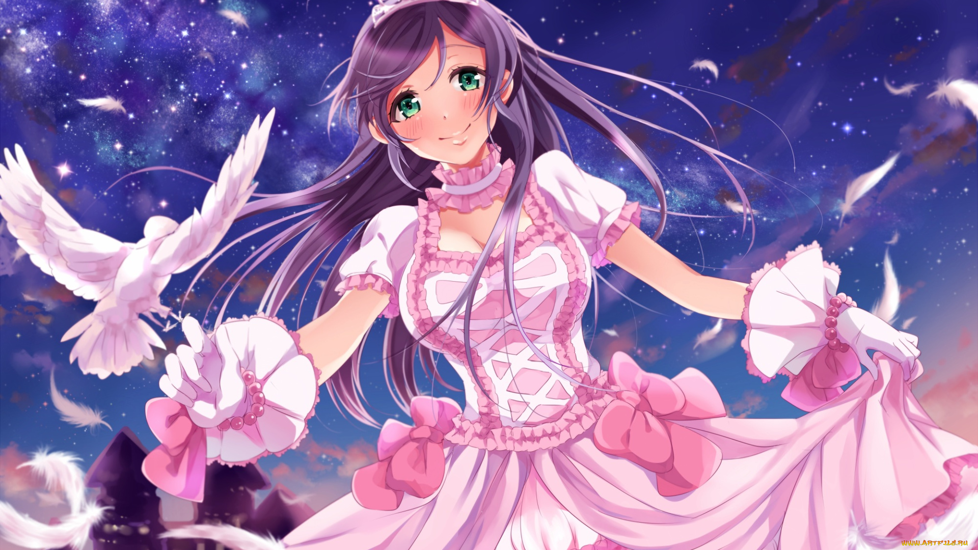 аниме, love, live, , school, idol, project, love, live, school, idol, project, девушка, перья, млечный, путь, голубь, птица, toujou, nozomi, arihara, arhr, арт