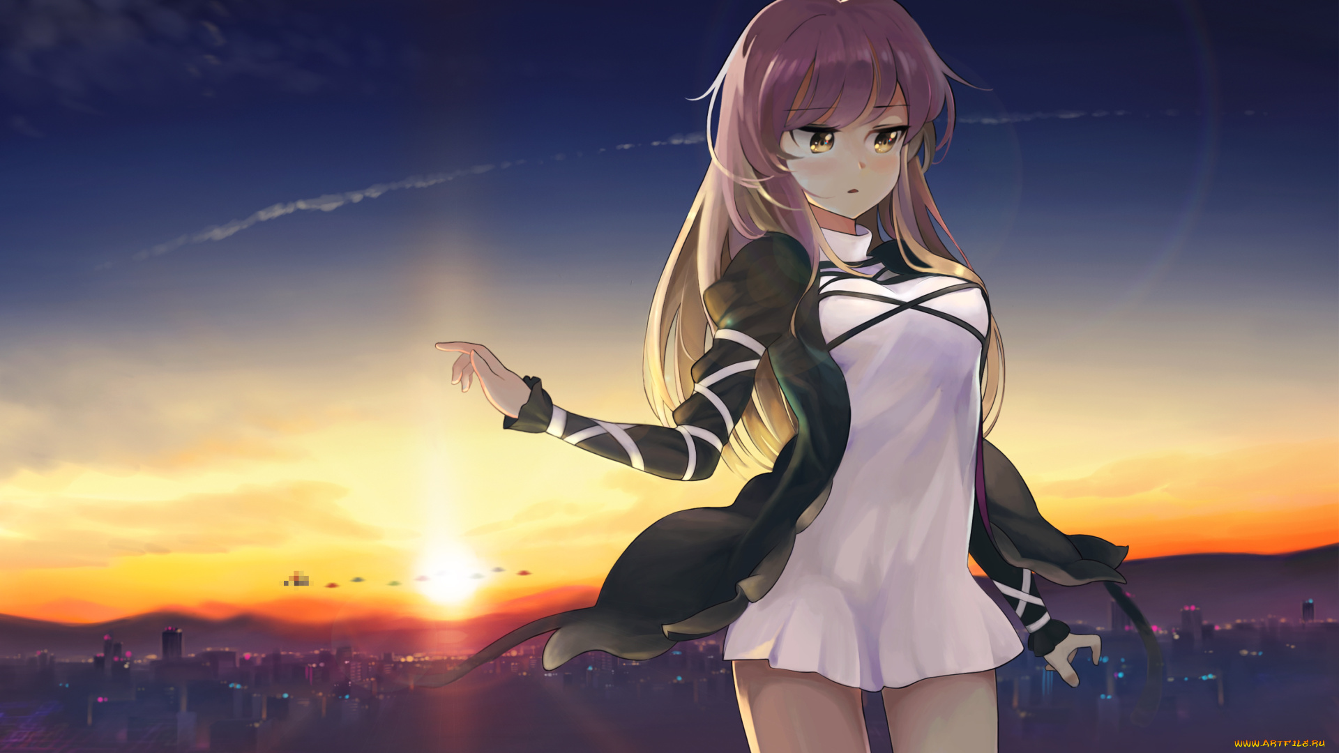 аниме, touhou, hijiri, byakuren, ameyame, арт, город, закат, девушка