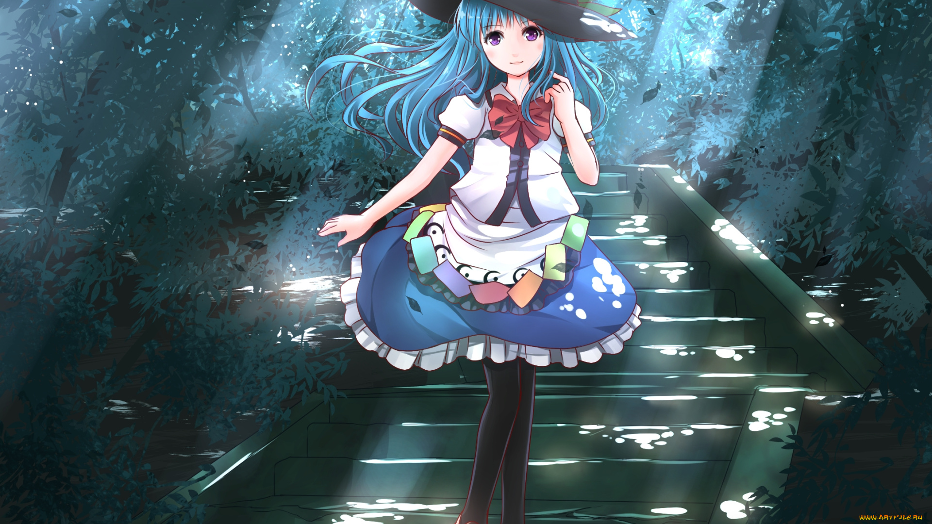 аниме, touhou, hinanawi, tenshi, risutaru, арт, девочка, природа, ступени