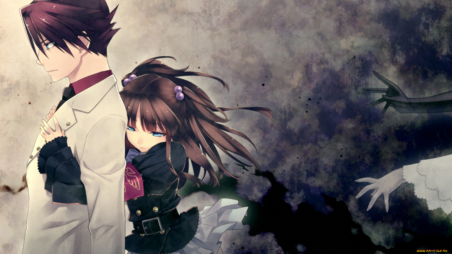 аниме, umineko, no, naku, koro, ni, парень, девушка, ushiromiya, battler, ange, umineko, no, naku, koro, ni, арт, hirano, katsuyuki, когда, плачут, чайки, объятия, рука