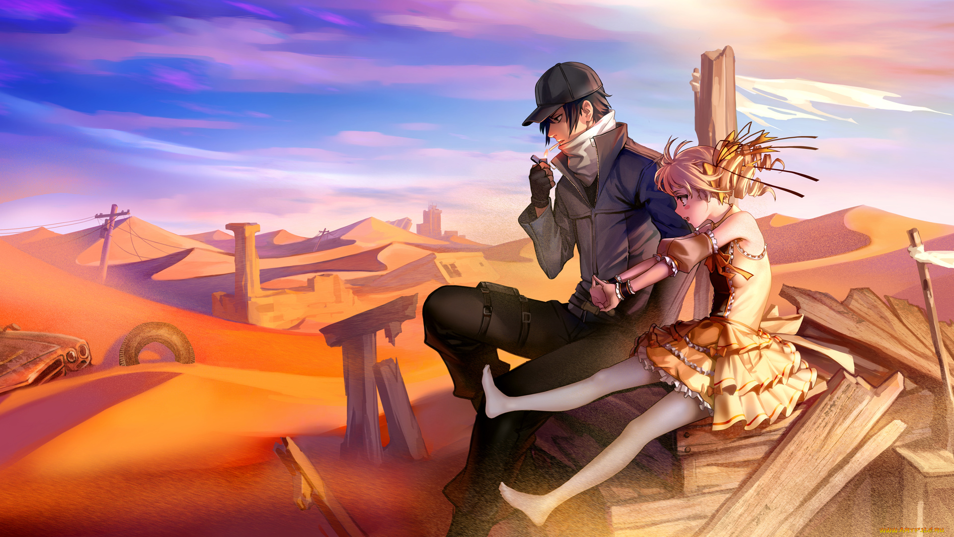 аниме, unknown, , другое, арт, as109, столбы, зажигалка, сигарета, девочка, пустыня, песок, парень, руины