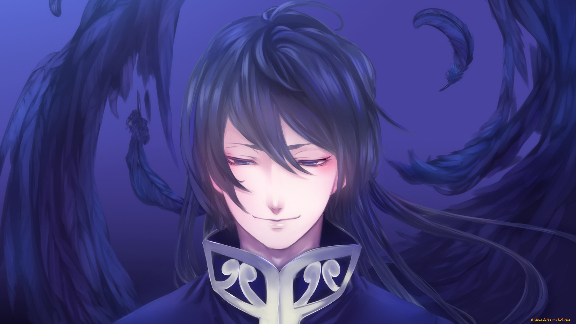 аниме, unknown, , другое, арт, перья, улыбка, мужчина