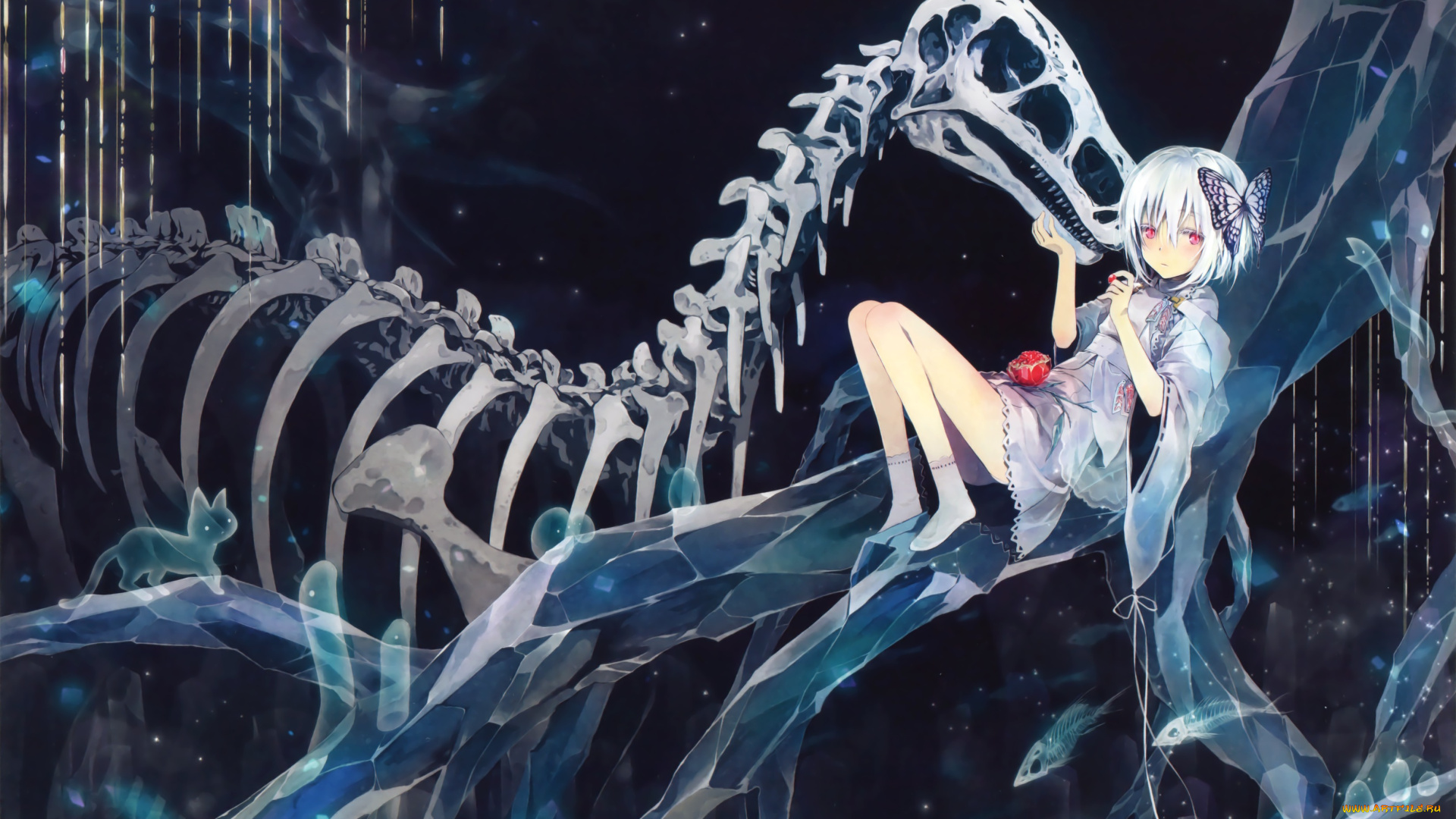 аниме, unknown, , другое, бабочка, скелет, цветок, девушка, takano, otohiko, арт