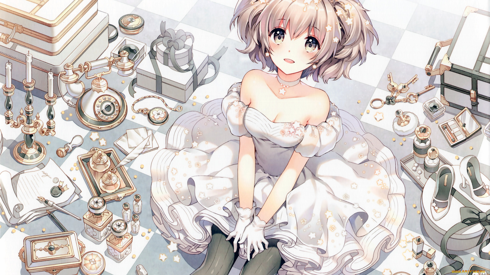 аниме, unknown, , другое, коробочки, ключи, платье, девочка, арт, nardack, письма, свечи