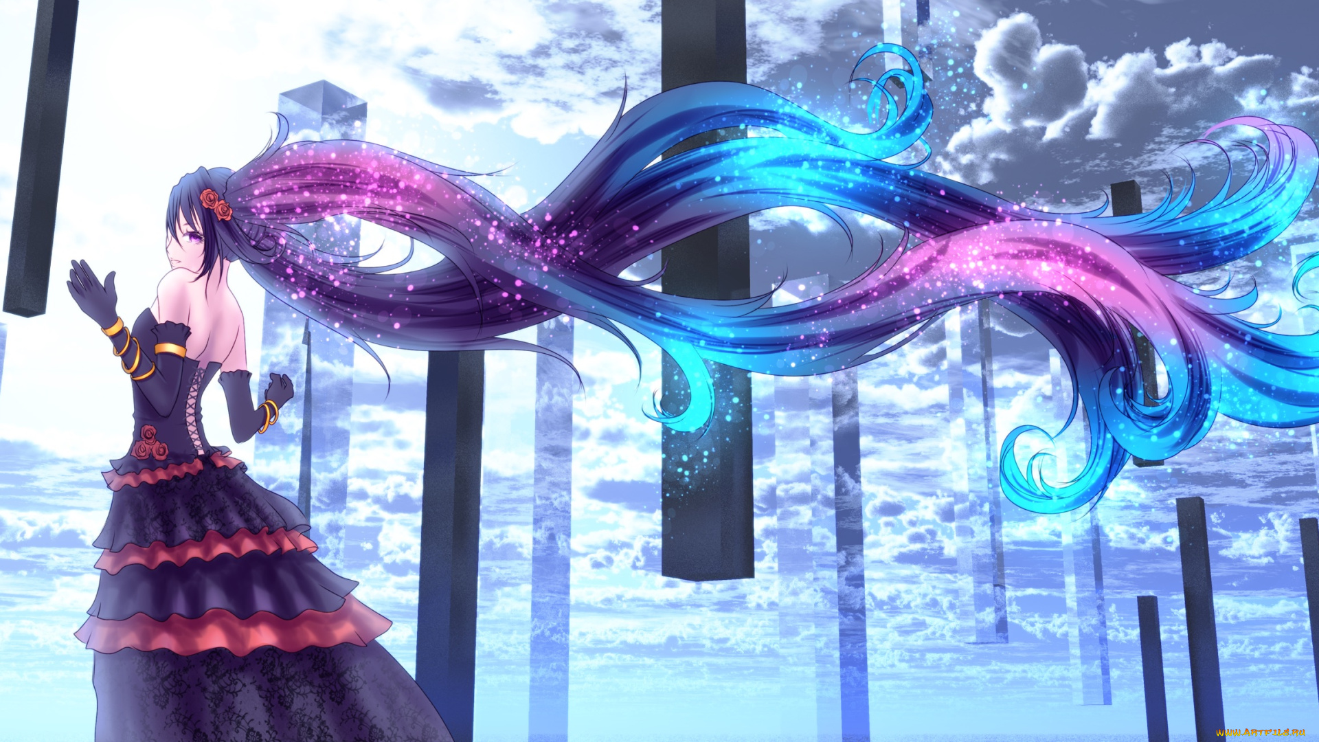 аниме, vocaloid, арт, yusuke, hatsune, miku, волосы, платье, девушка