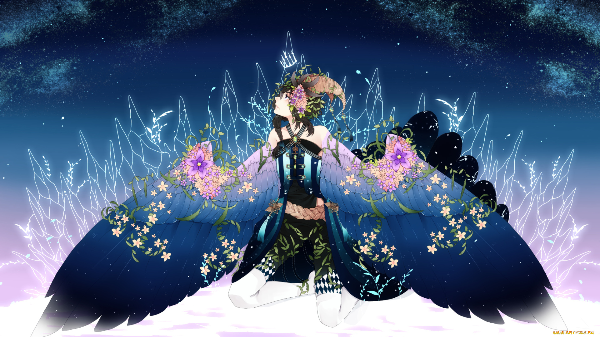 аниме, животные, , существа, цветы, небо, листья, рога, крылья, коса, корона, девушка