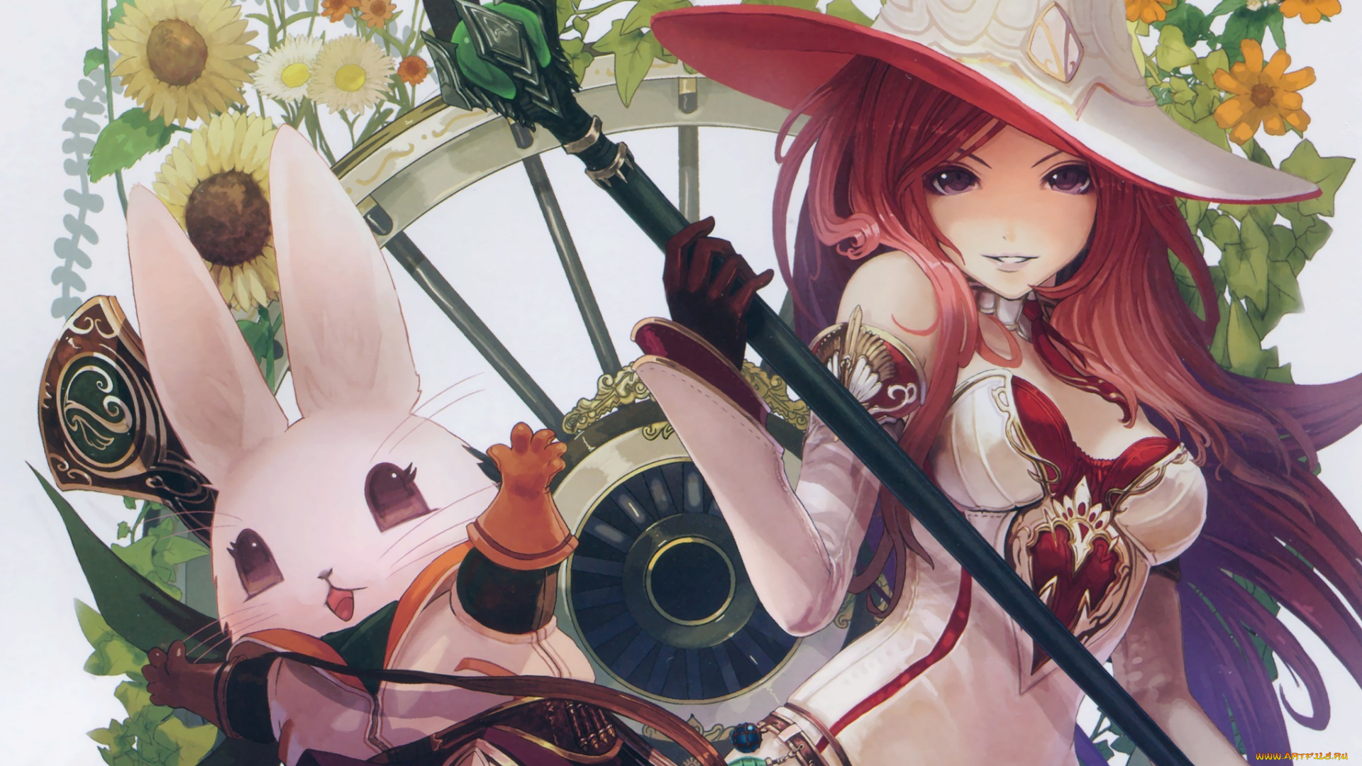 аниме, животные, , существа, цветы, улыбка, заяц, посох, shingeki, no, bahamut, bimo, tachikawa, mushimaro, арт, шляпа, девушка