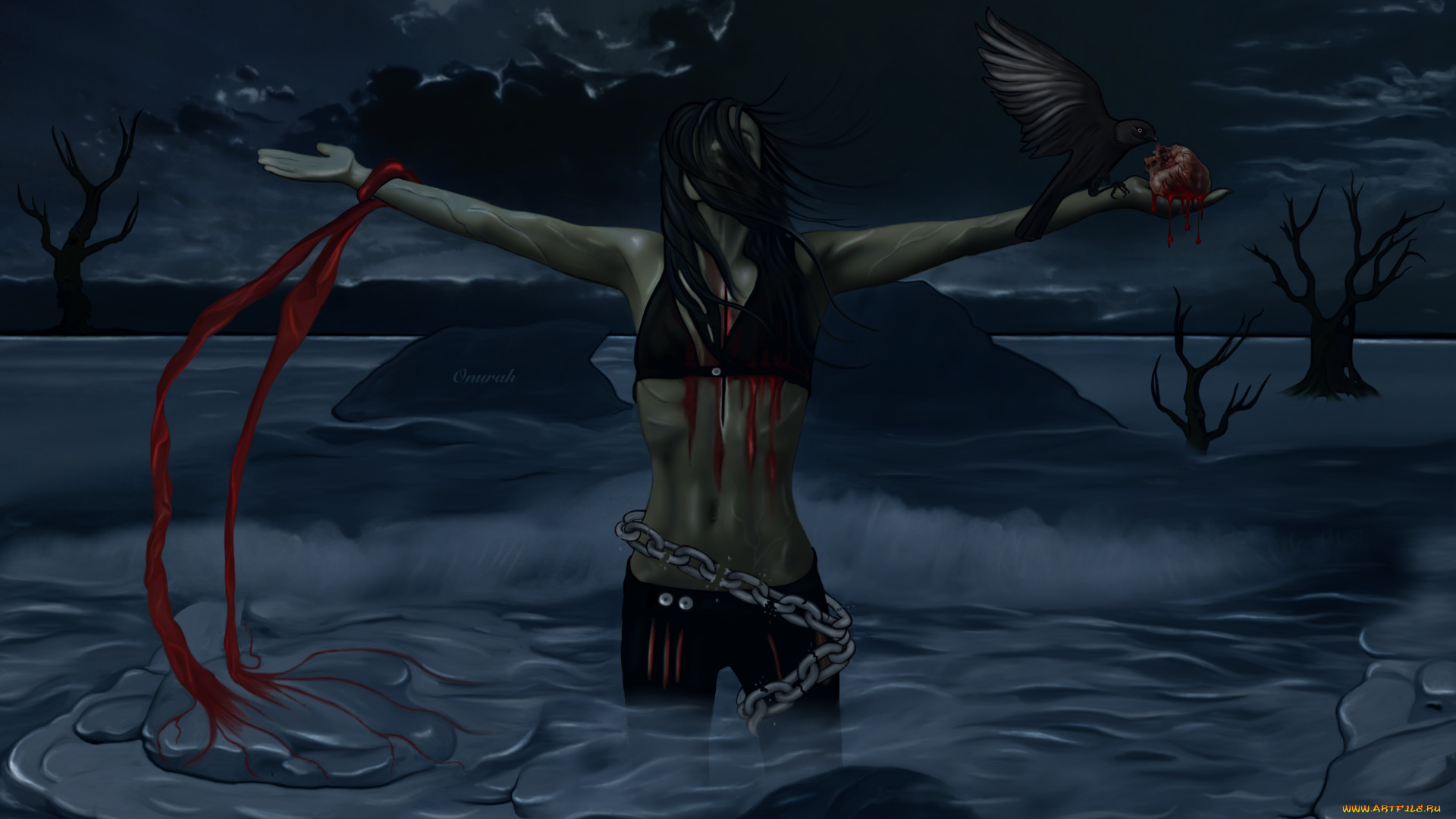 фэнтези, девушки, сердце, ночь, вода, кровь, фон, взгляд, девушка, цепи, птица