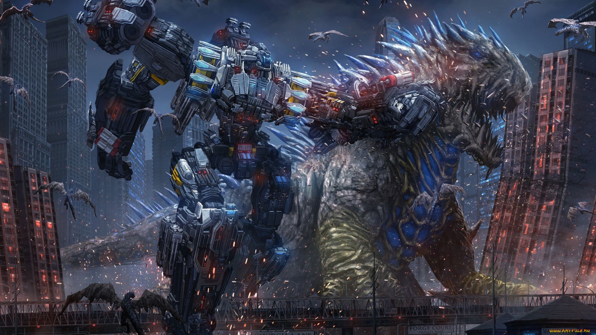 фэнтези, существа, фантастика, мегаполис, гиганты, арт, город, cyberpunk, монстры, пришельцы, битва, робот, схватка