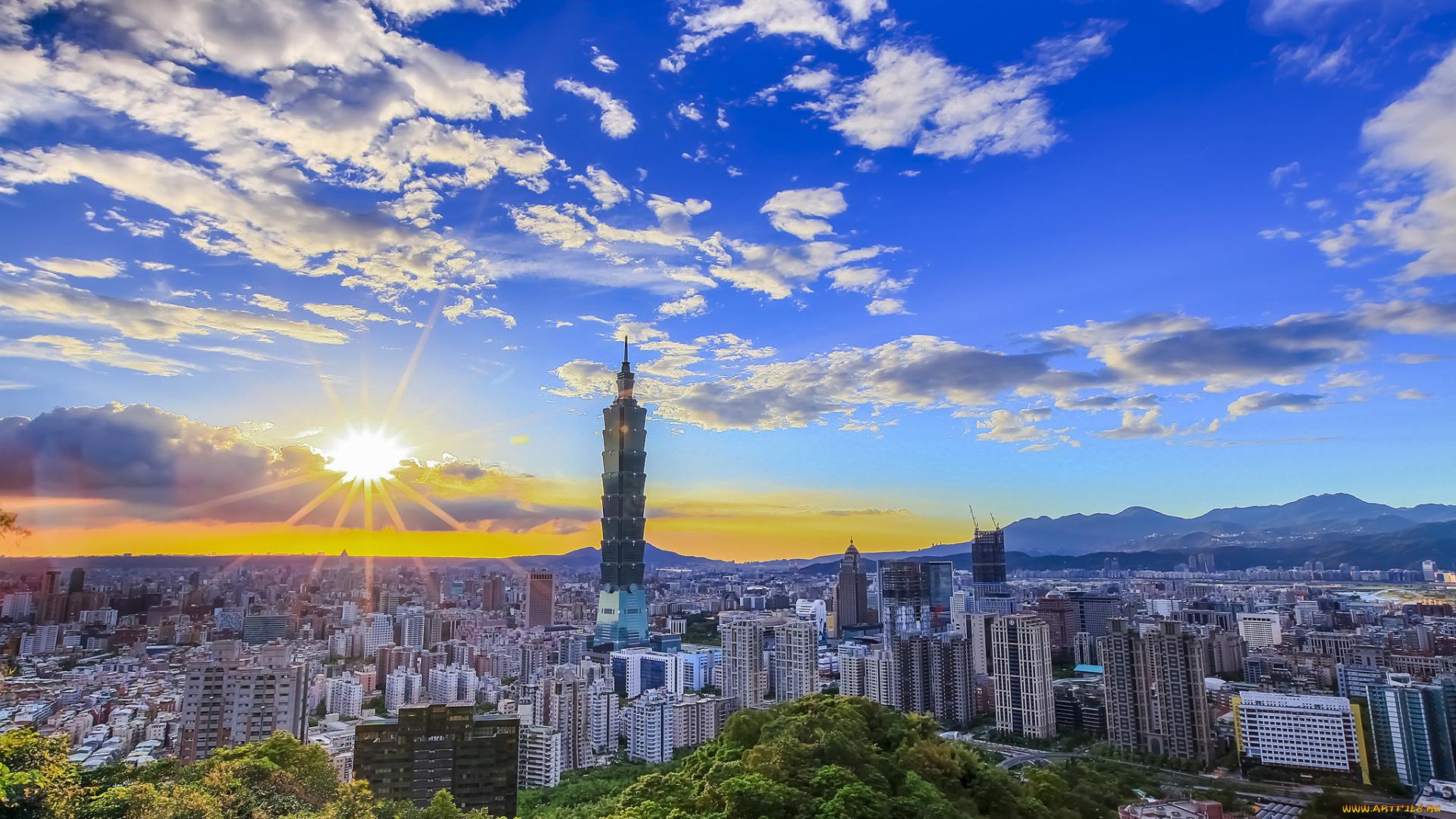 города, -, панорамы, солнце, город, небоскреб