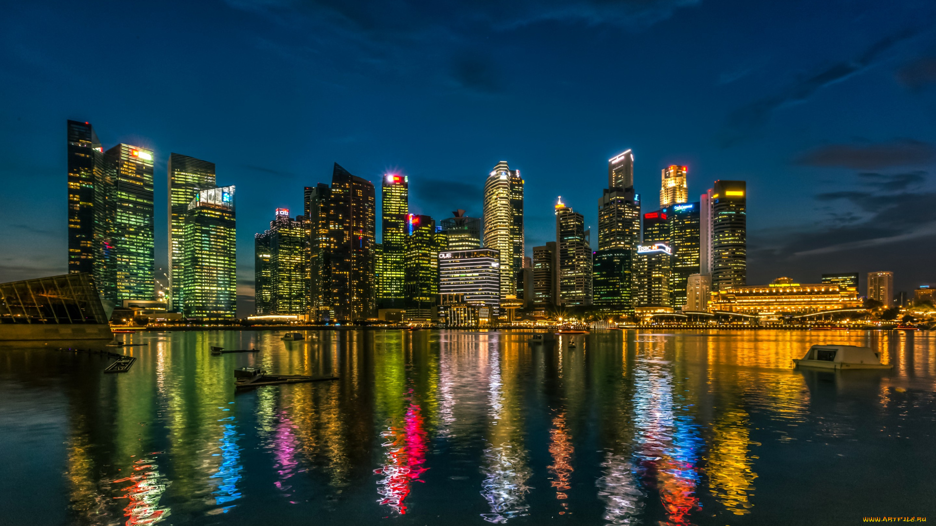 города, сингапур, , сингапур, огни, отражение, ночь, побережье, вода, небоскребы