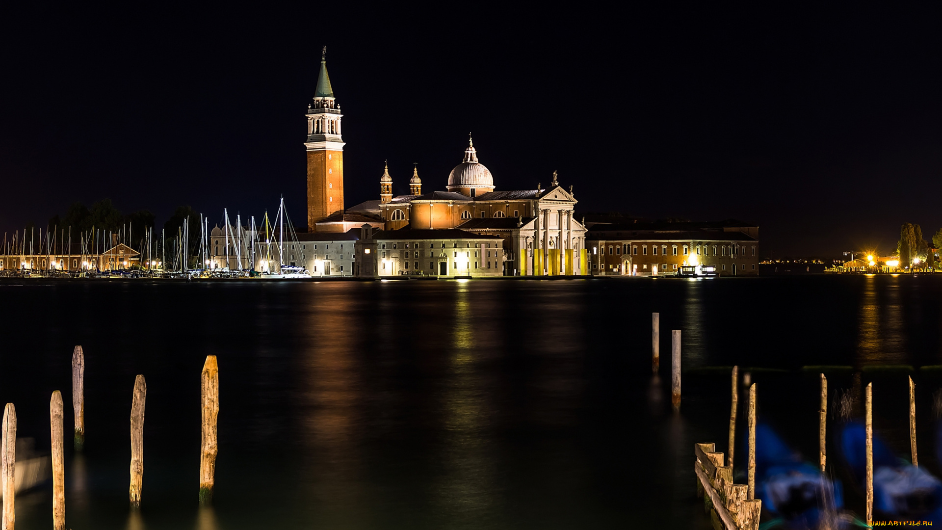 night, in, venice, города, венеция, , италия, ночь, канал, башня, огни