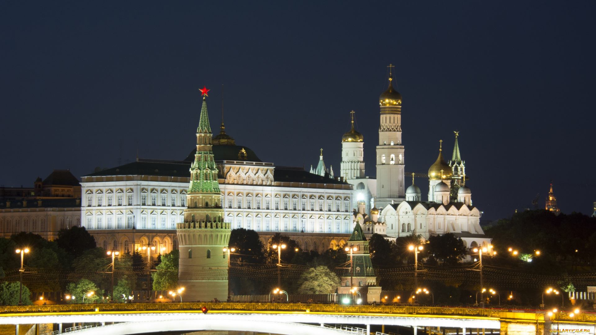 ночной, кремль, и, большой, каменный, мост, города, москва, , россия, ночь, река, мост, огни