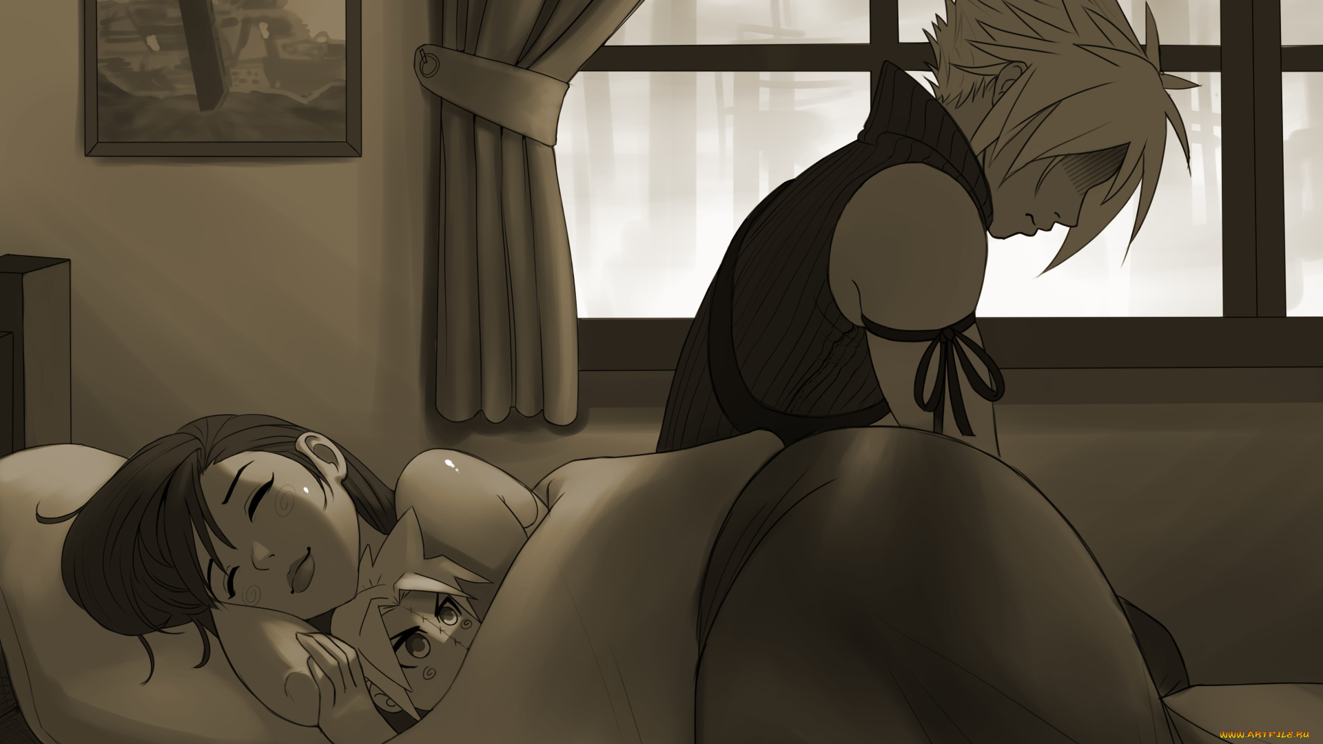 разное, арты, девушка, взгляд, фон, сон, кровать, парень, наруто