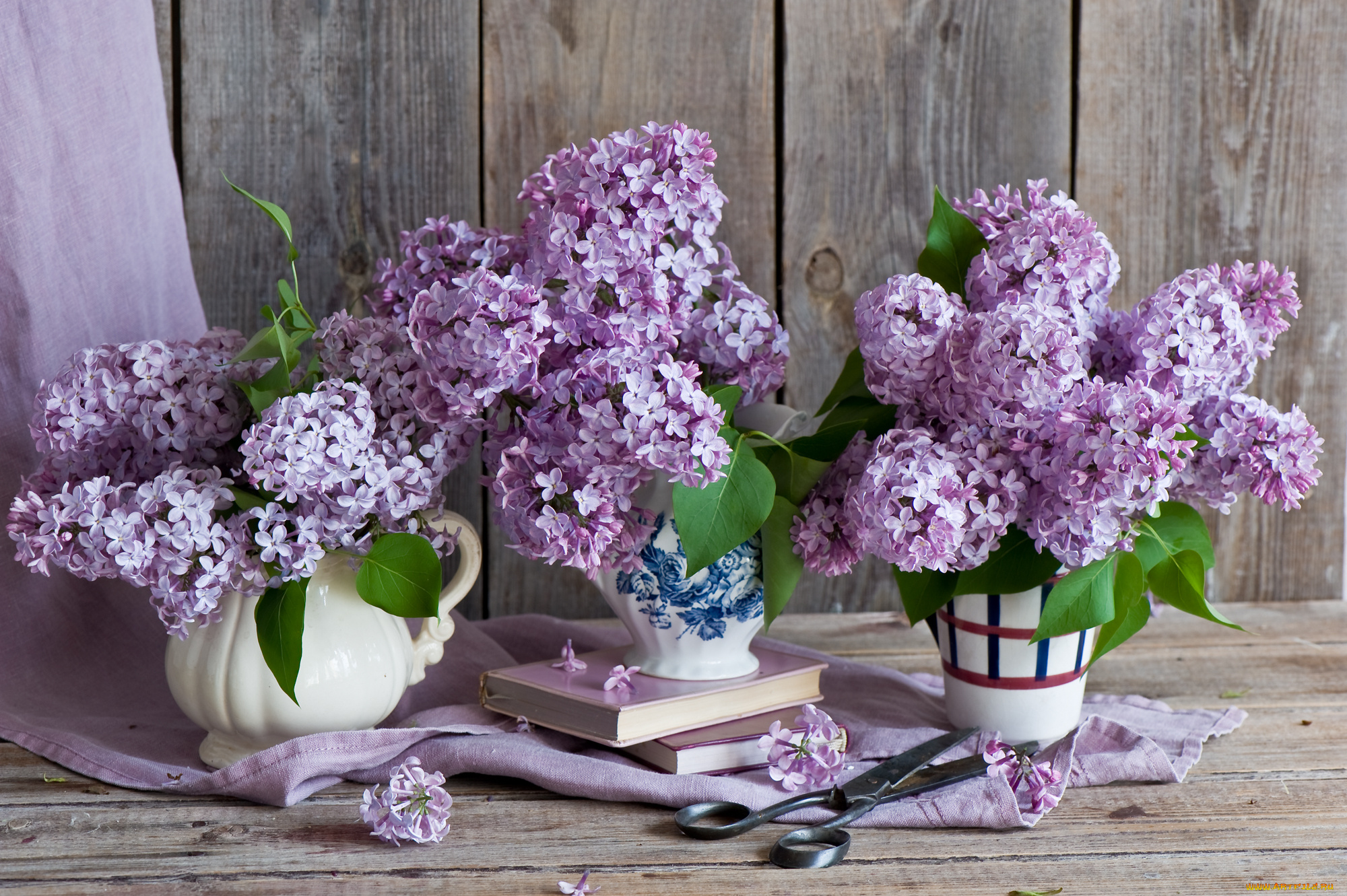 цветы, сирень, книги, ножницы, букеты