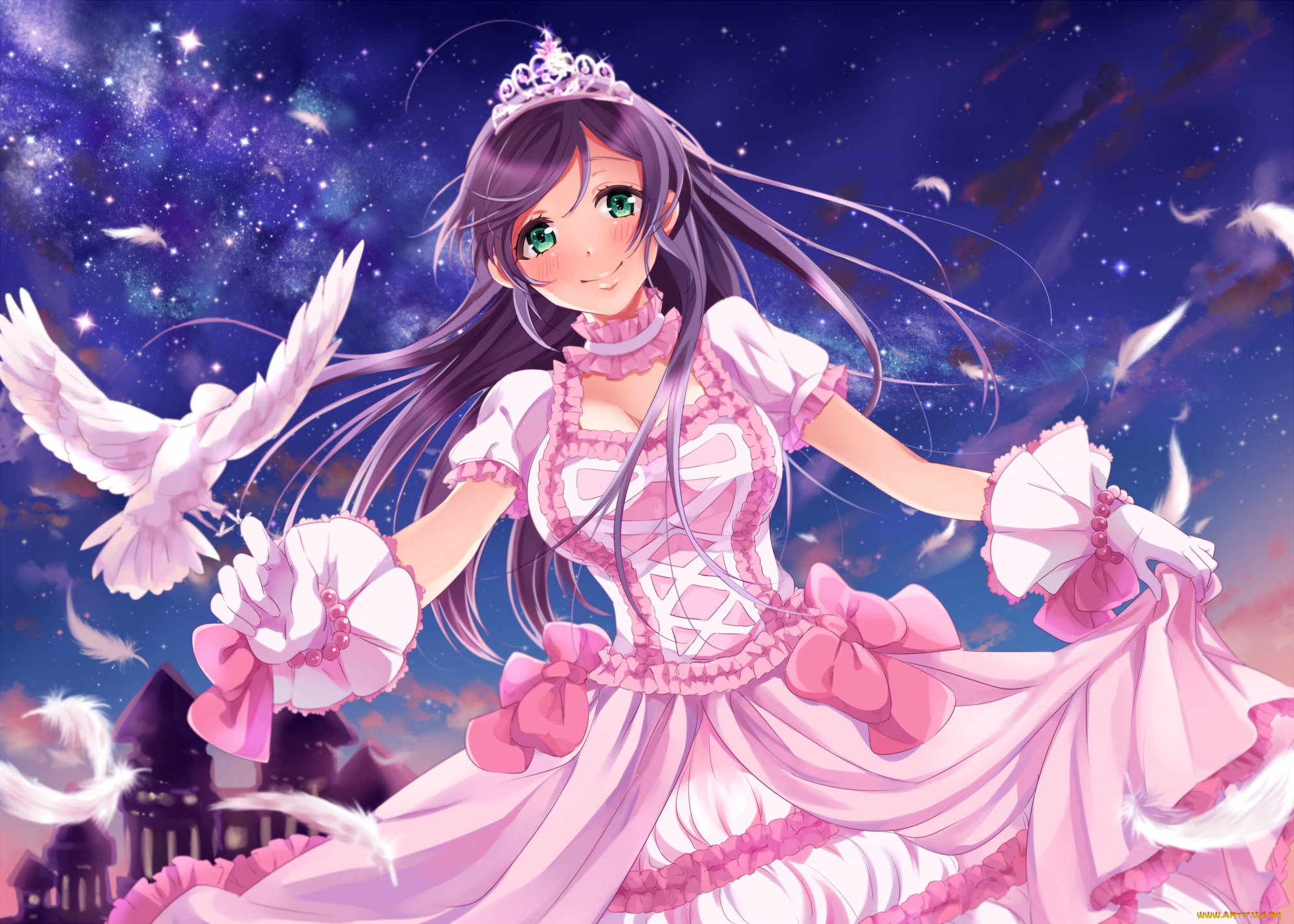 аниме, love, live, , school, idol, project, love, live, school, idol, project, девушка, перья, млечный, путь, голубь, птица, toujou, nozomi, arihara, arhr, арт