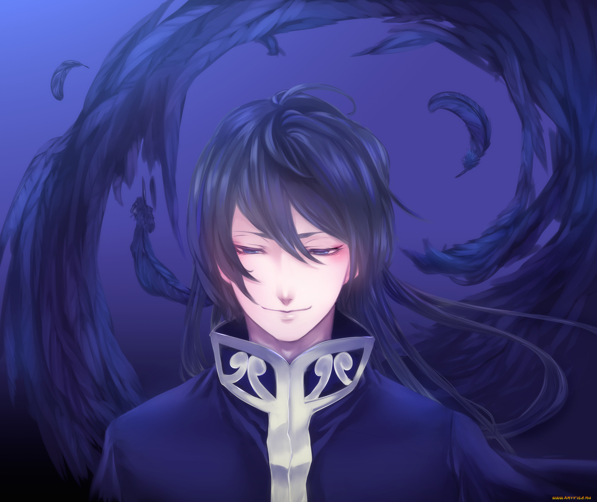 аниме, unknown, , другое, арт, перья, улыбка, мужчина