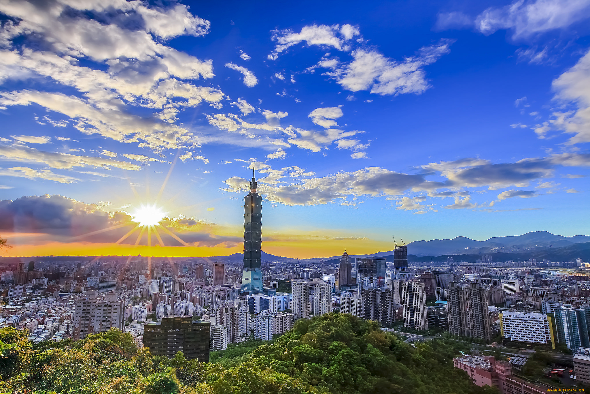 города, -, панорамы, солнце, город, небоскреб