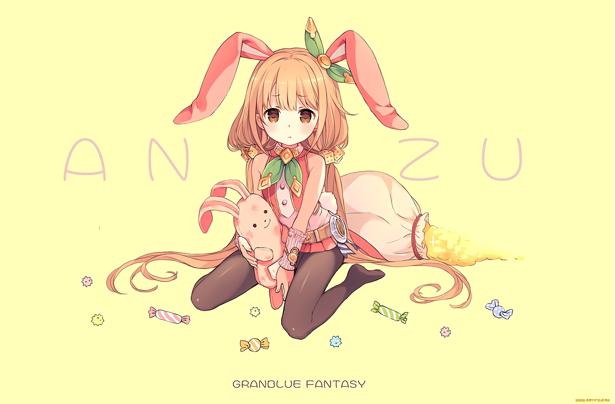 аниме, idolm@ster, конфеты, девочка, арт, жёлтый, фон, игрушка, ушки, tagme, artist, futaba, anzu