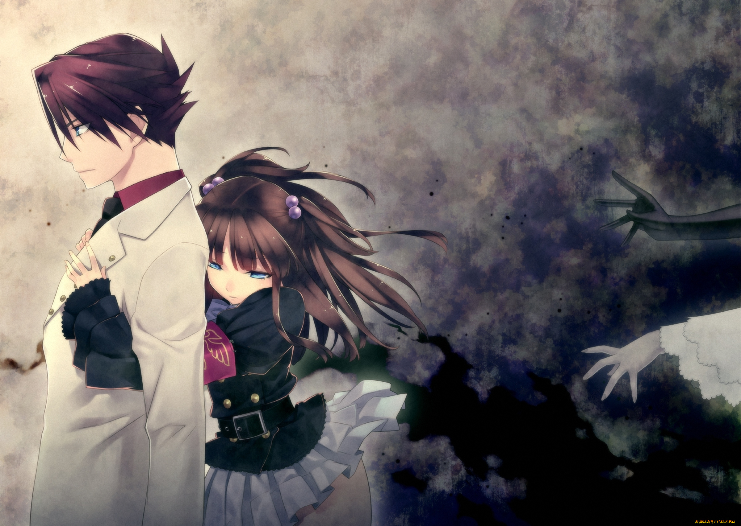 аниме, umineko, no, naku, koro, ni, парень, девушка, ushiromiya, battler, ange, umineko, no, naku, koro, ni, арт, hirano, katsuyuki, когда, плачут, чайки, объятия, рука