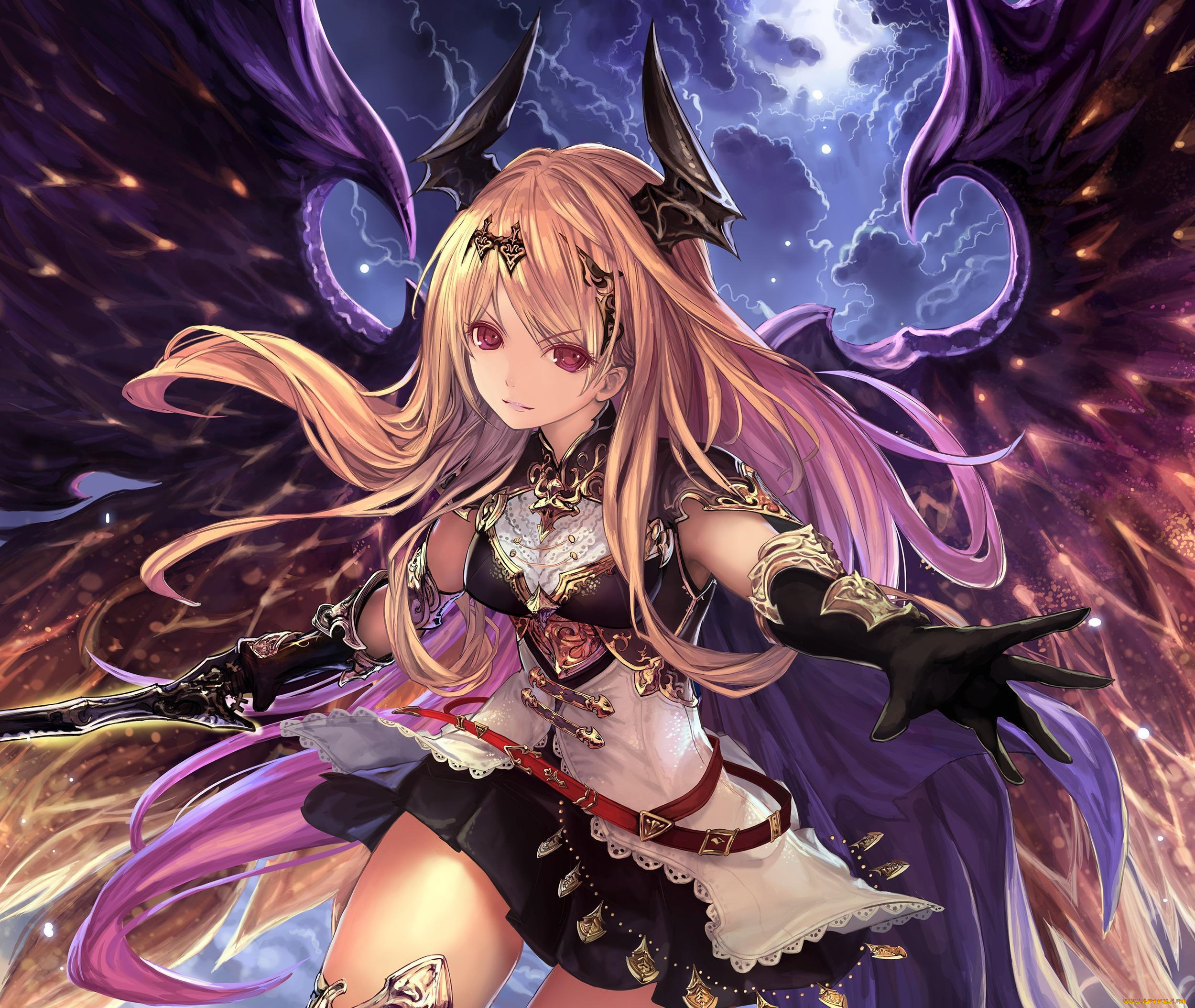 аниме, ангелы, , демоны, меч, девушка, dark, angel, olivia, shingeki, no, bahamut, bimo, tachikawa, mushimaro, арт, оружие, облака, небо, рога, крылья