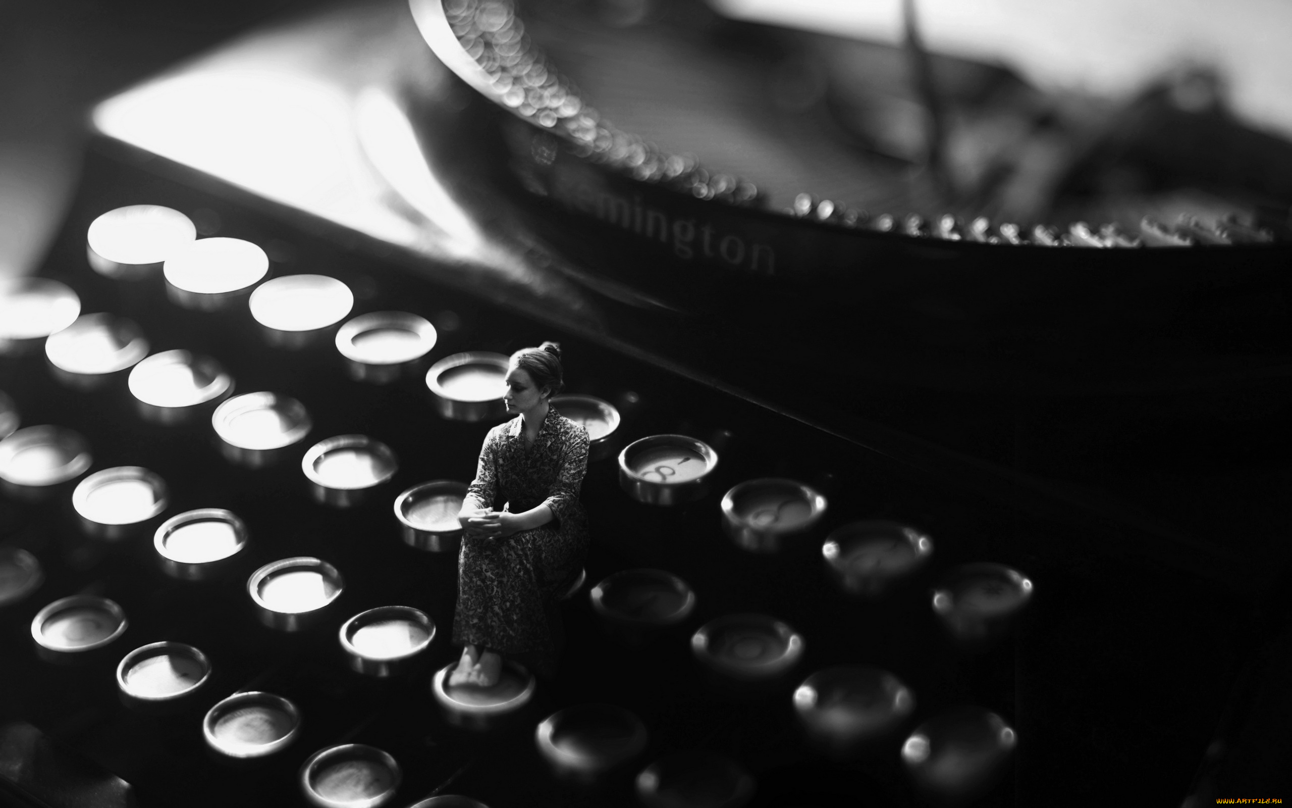 разное, компьютерный, дизайн, муза, девушка, печатная, машинка, черно-белое