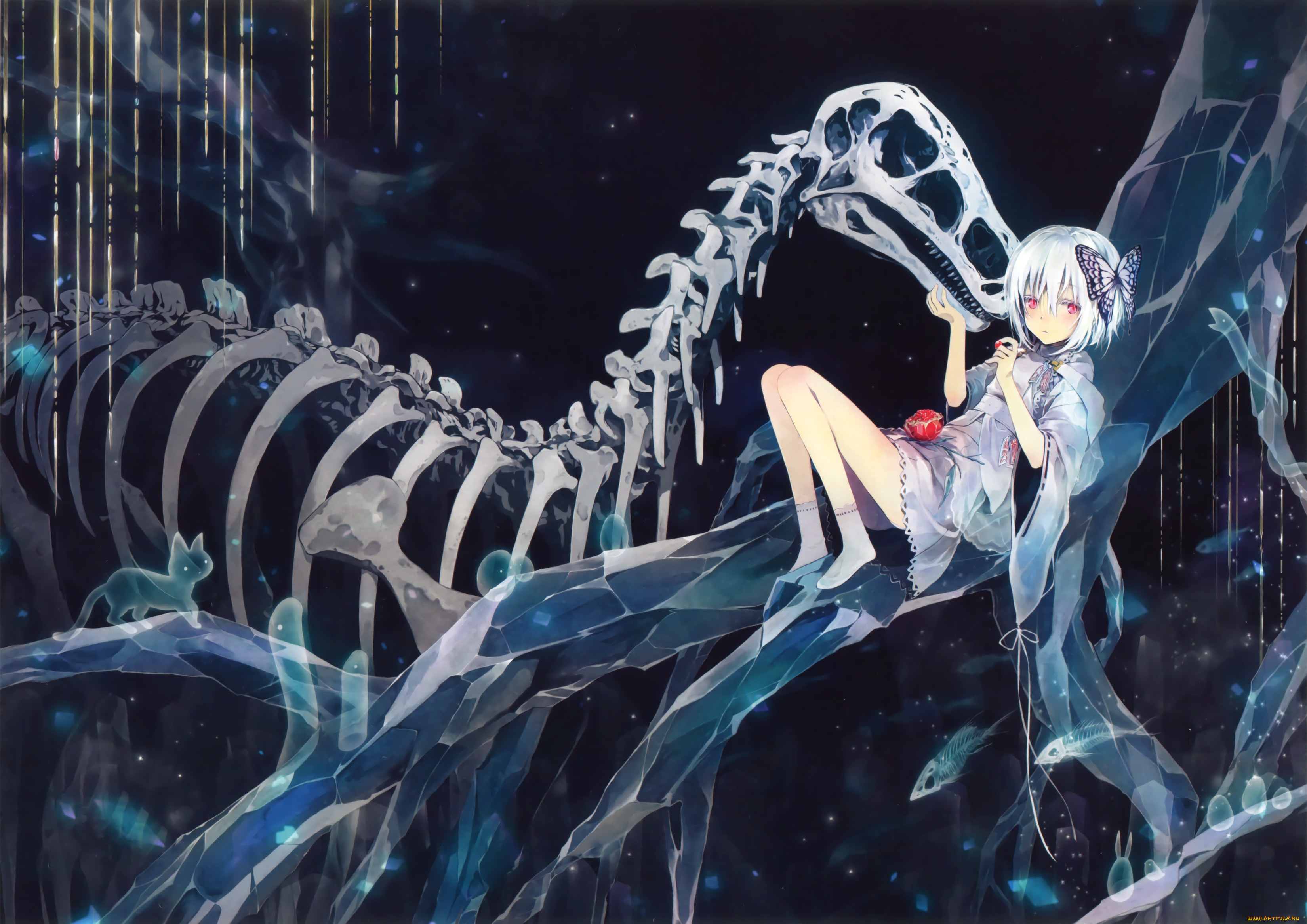 аниме, unknown, , другое, бабочка, скелет, цветок, девушка, takano, otohiko, арт