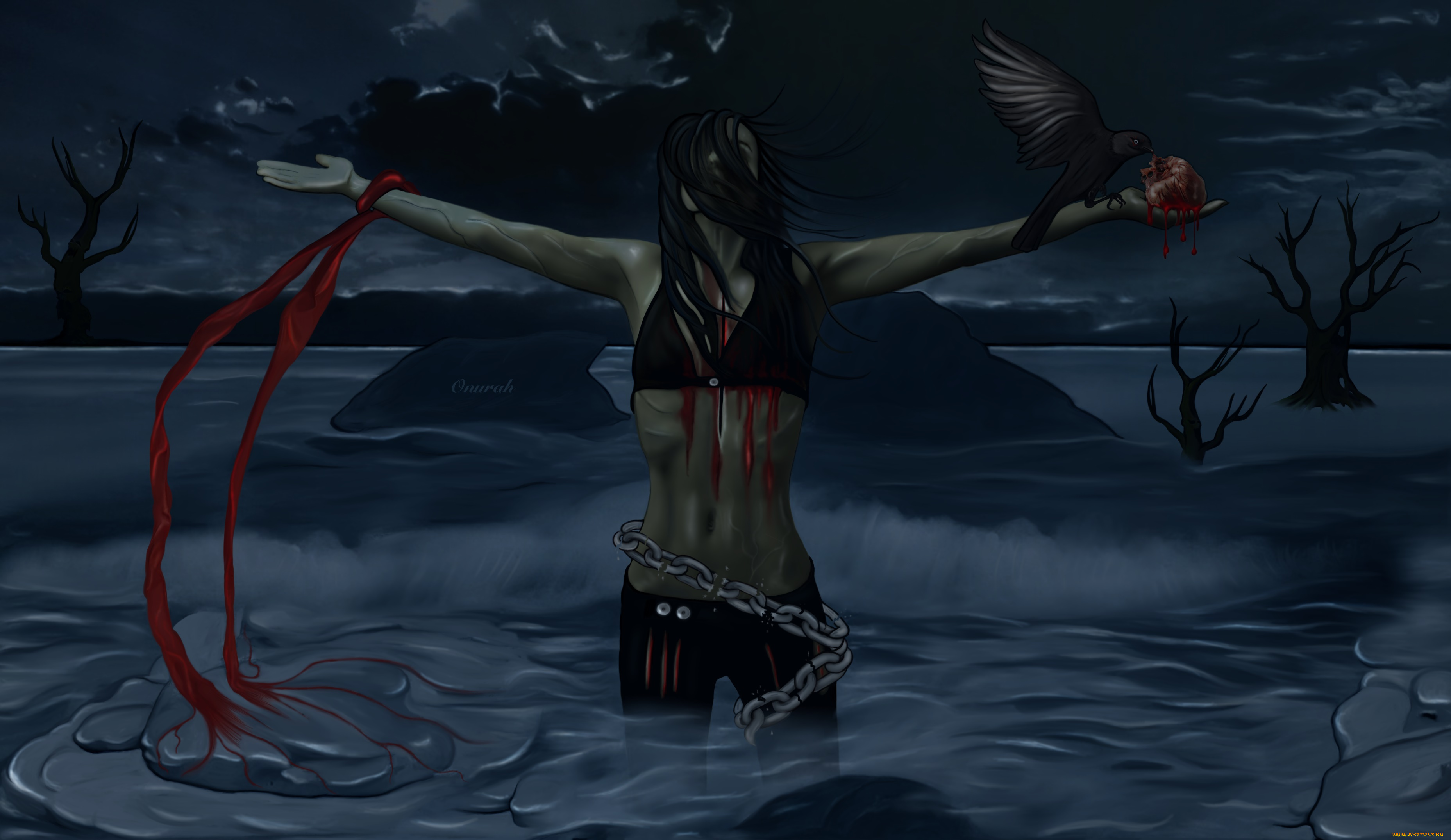 фэнтези, девушки, сердце, ночь, вода, кровь, фон, взгляд, девушка, цепи, птица