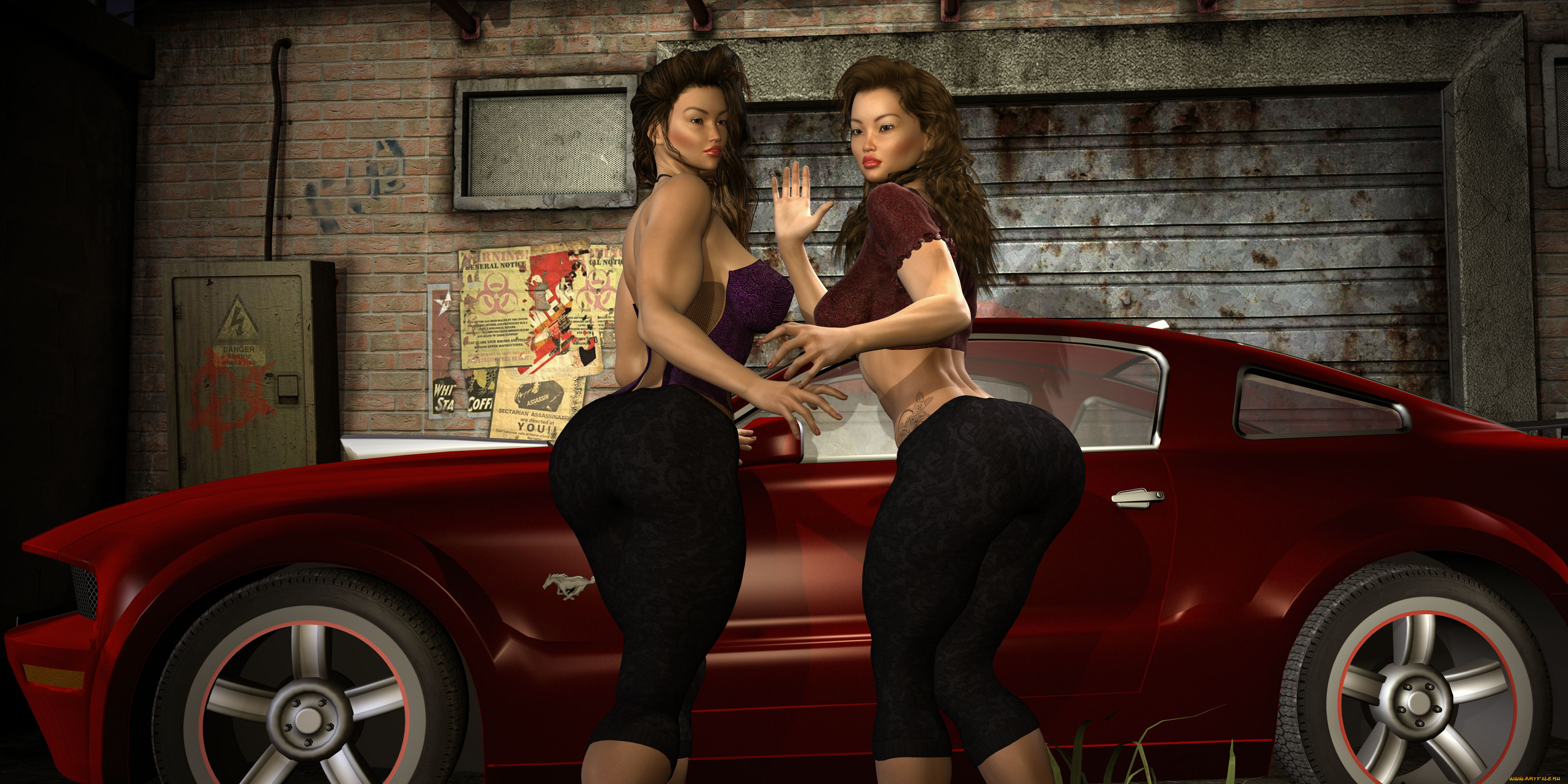 автомобили, 3d, car&girl, взгляд, автомобиль, фон, девушки