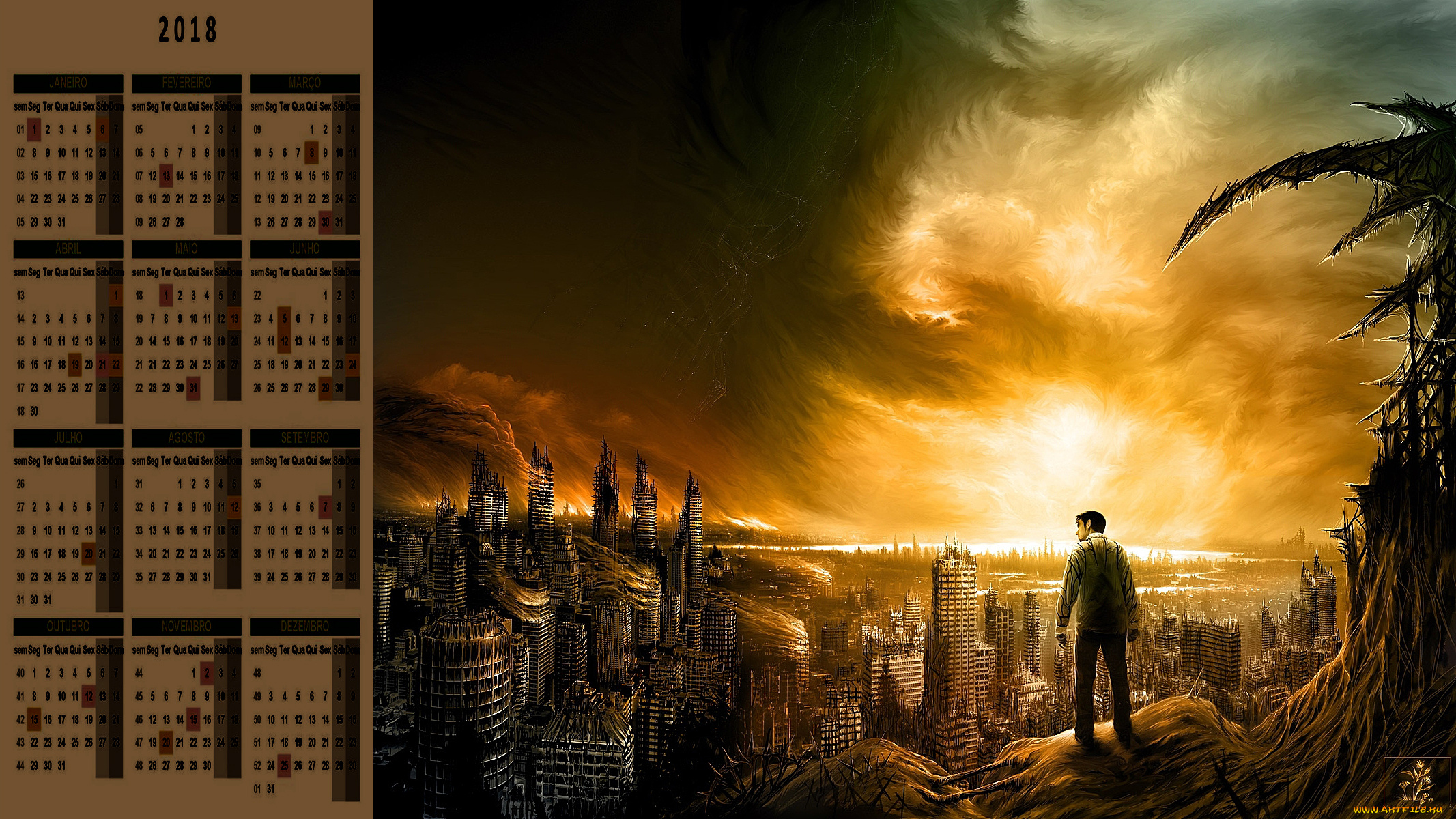 календари, фэнтези, город, человек