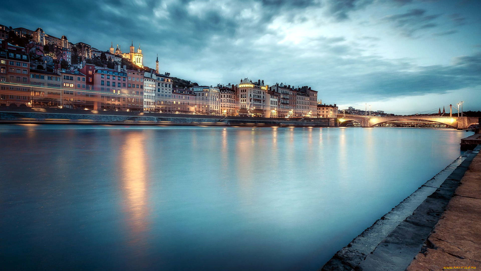 города, лион, , франция, огни, вечер, мост, река