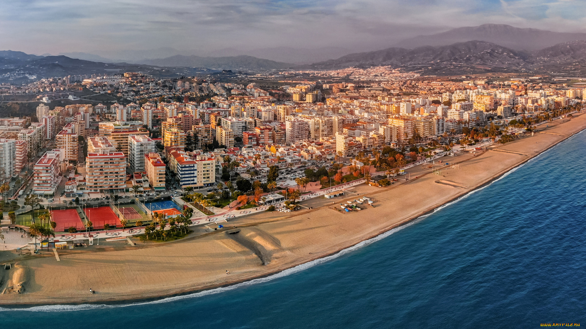 малага, , испания, города, -, панорамы, пляж, утро, торре-дель-мар, восход, солнца, средиземное, море, испания, андалусия, испанский, курорт, побережье, городской, вид