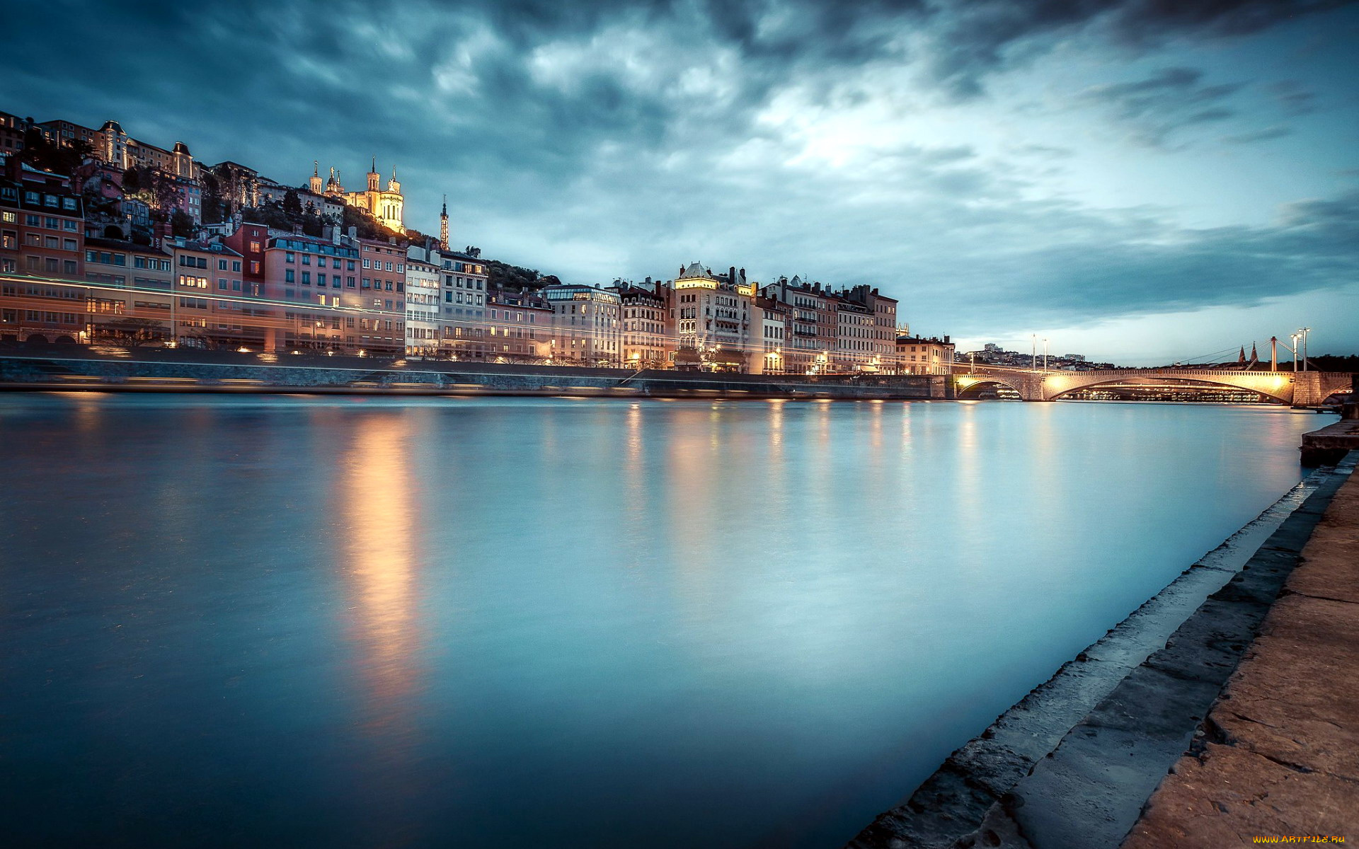 города, лион, , франция, огни, вечер, мост, река
