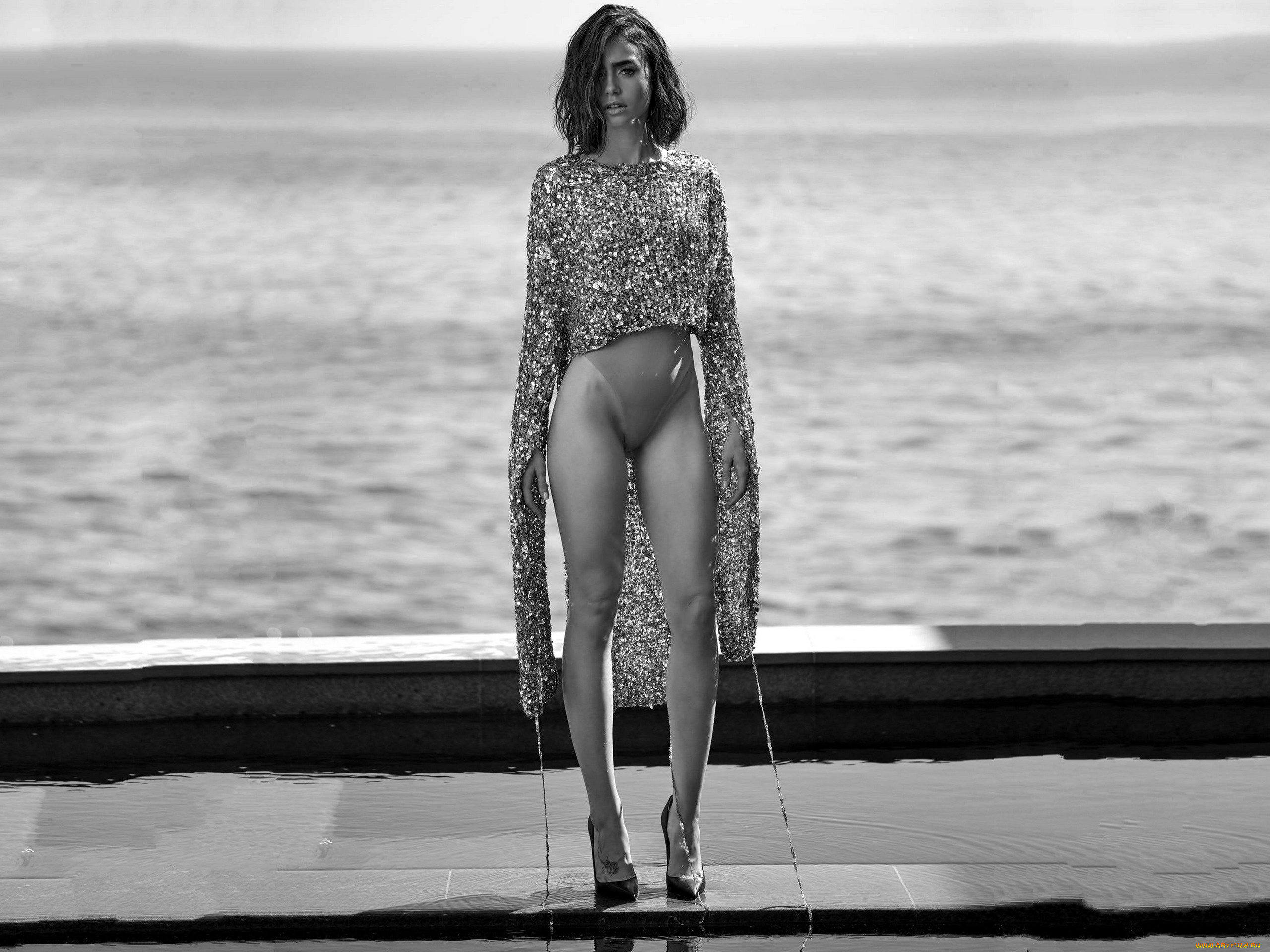 девушки, lily, collins, монохром