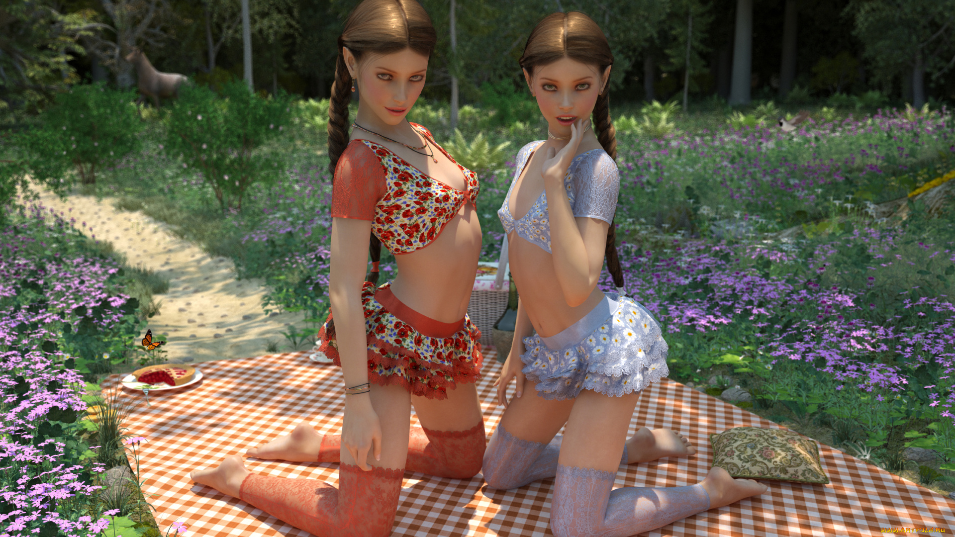 3д, графика, эльфы, , elves, девушки, фон, взгляд, пикник