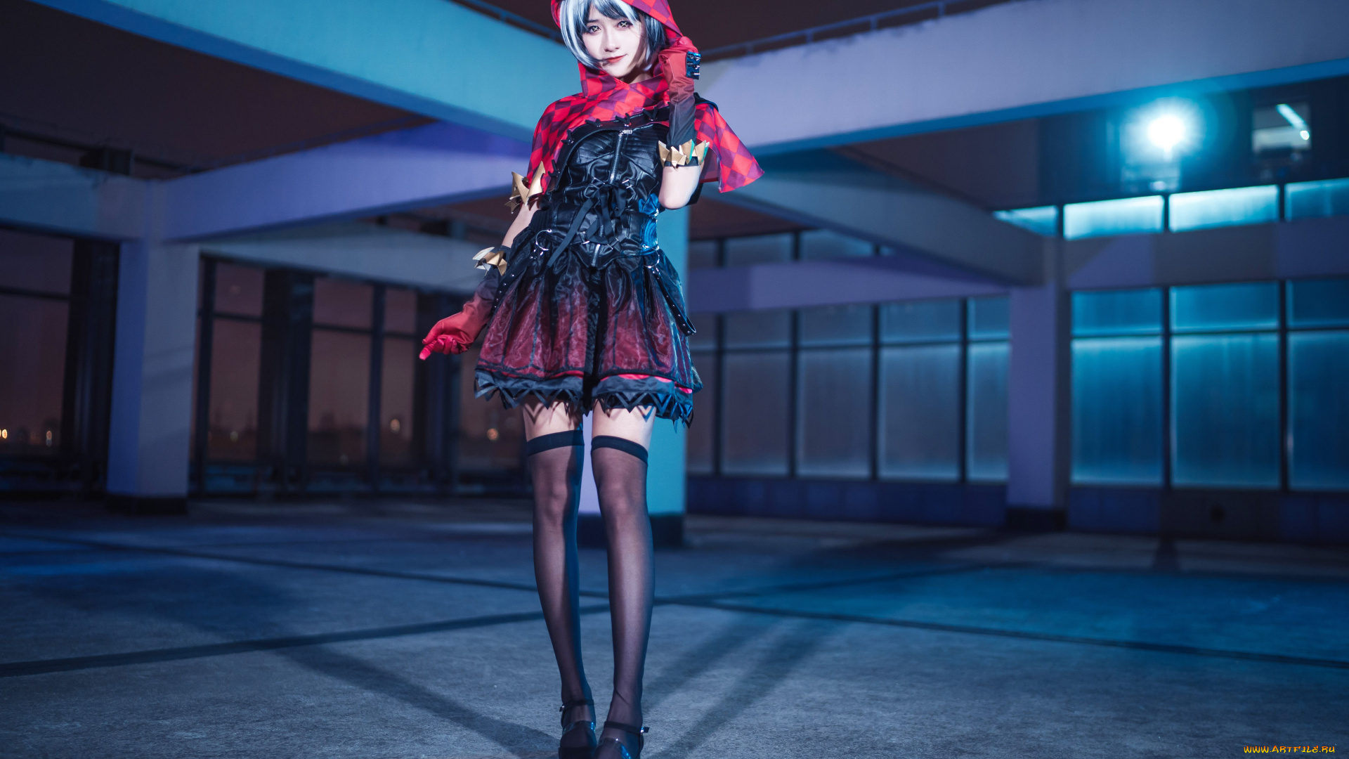 девушки, -, креатив, , косплей, шарф, костюм, платье, чулки, здание