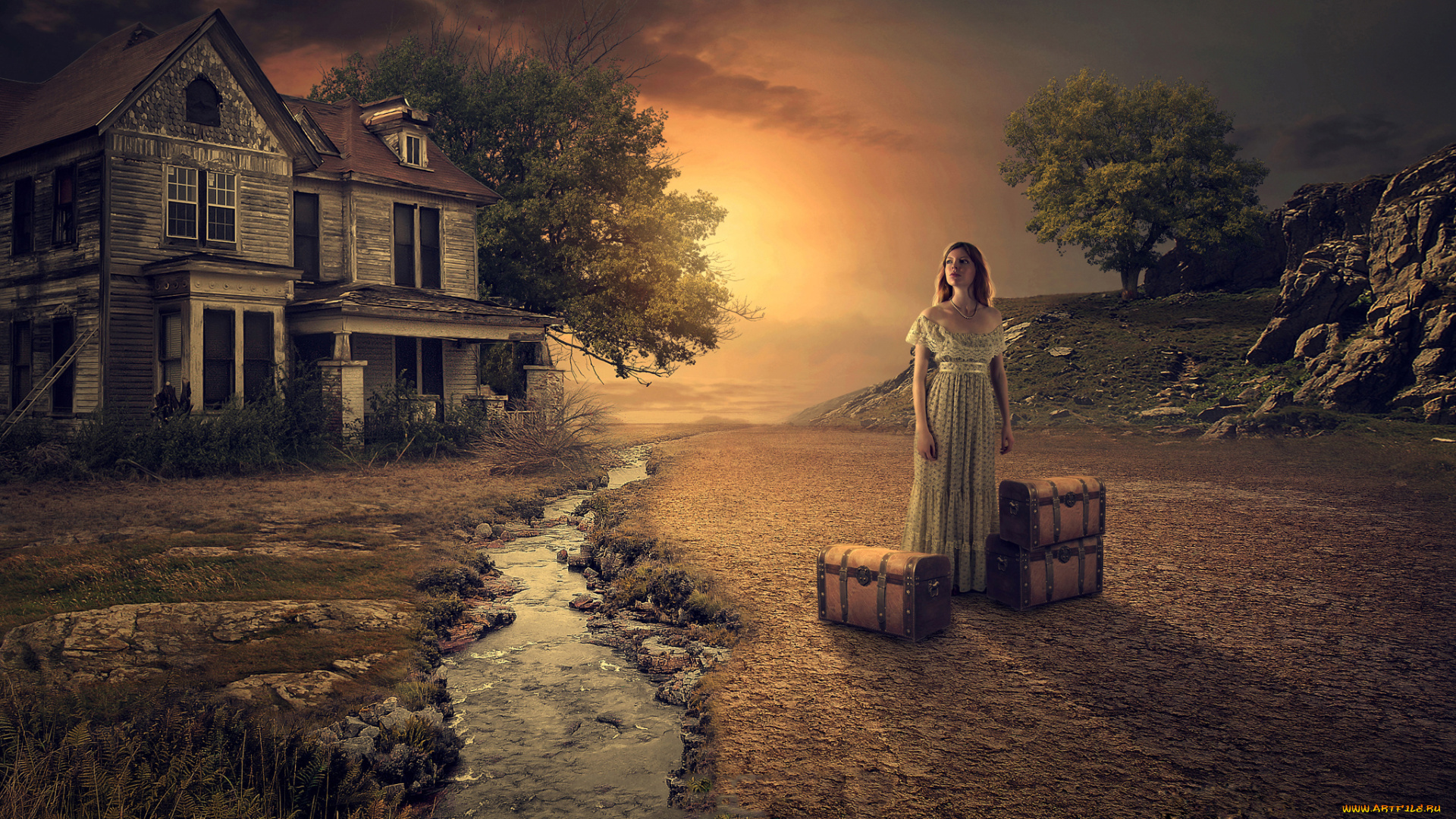 фэнтези, фотоарт, девушка, фон, дом, сундук, платье
