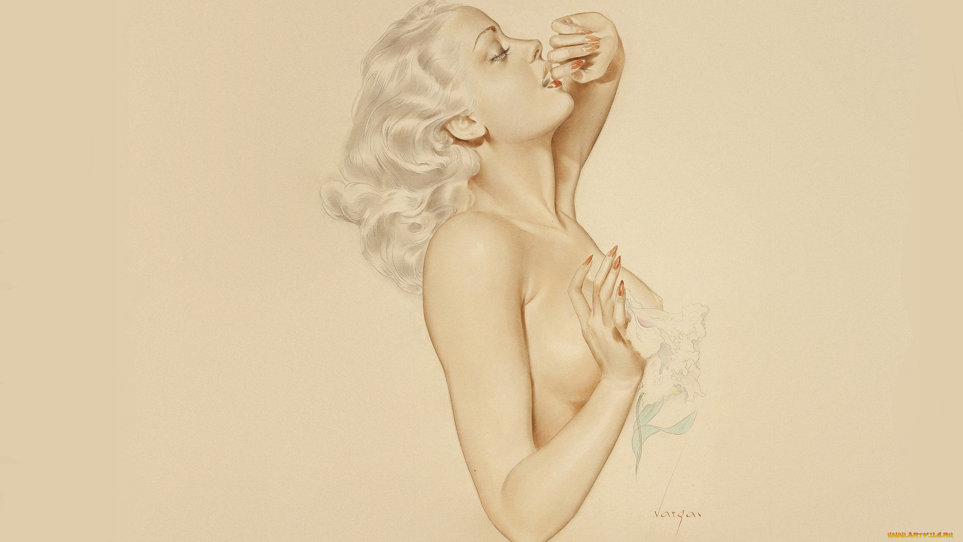 рисованное, alberto, vargas, девушка, блондинка, цветы