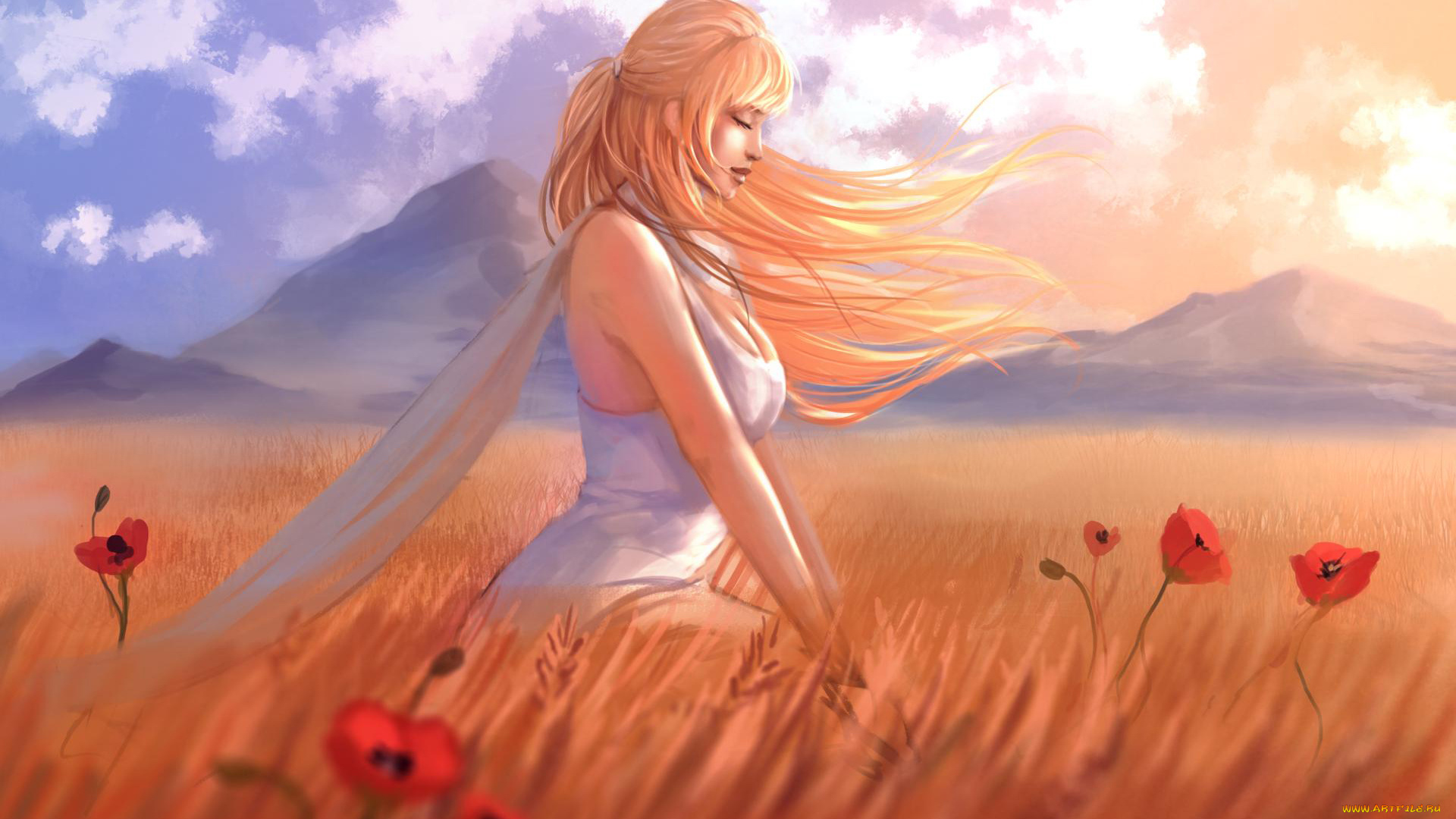 рисованное, люди, девушка, фон, поле, мак