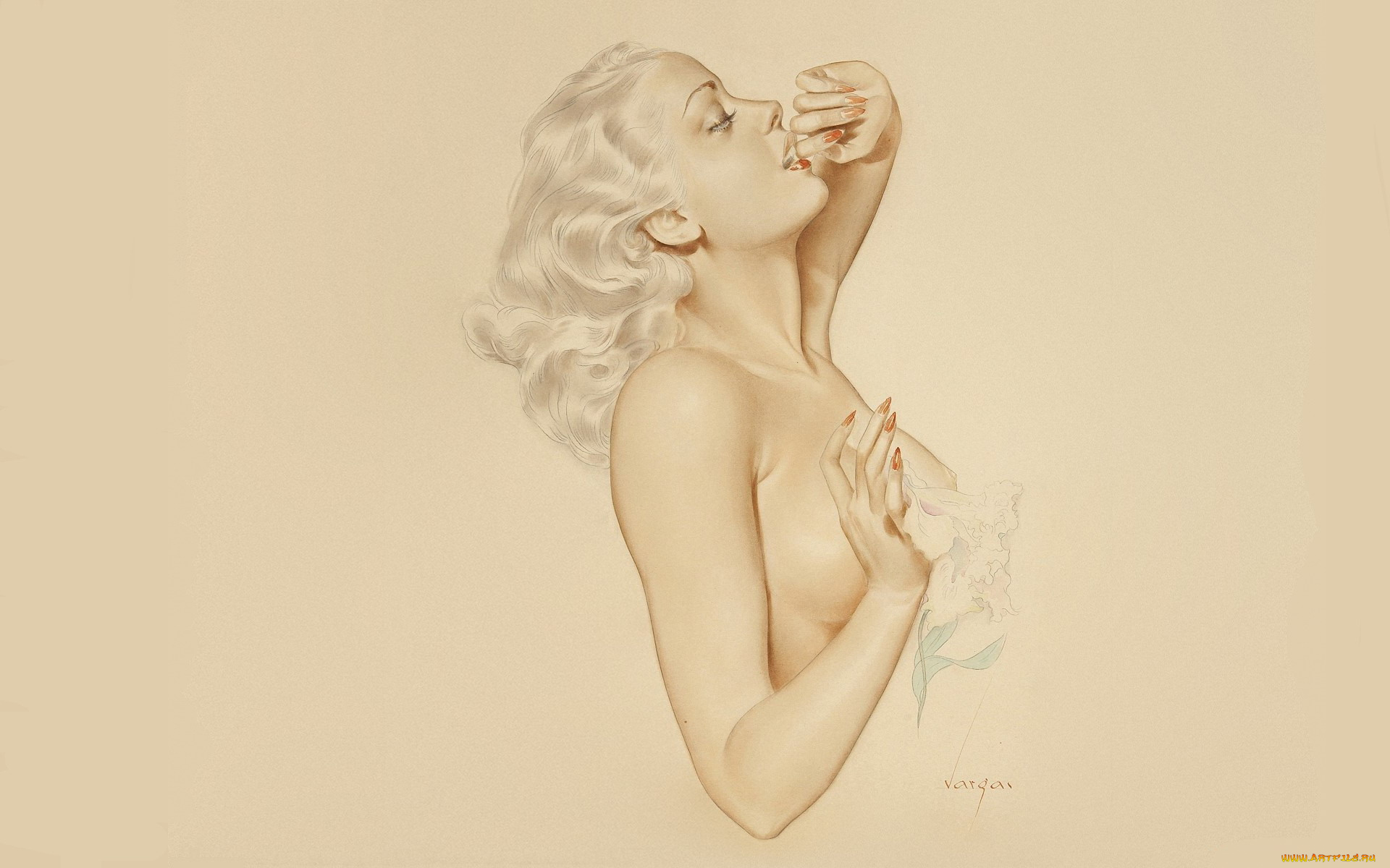 рисованное, alberto, vargas, девушка, блондинка, цветы