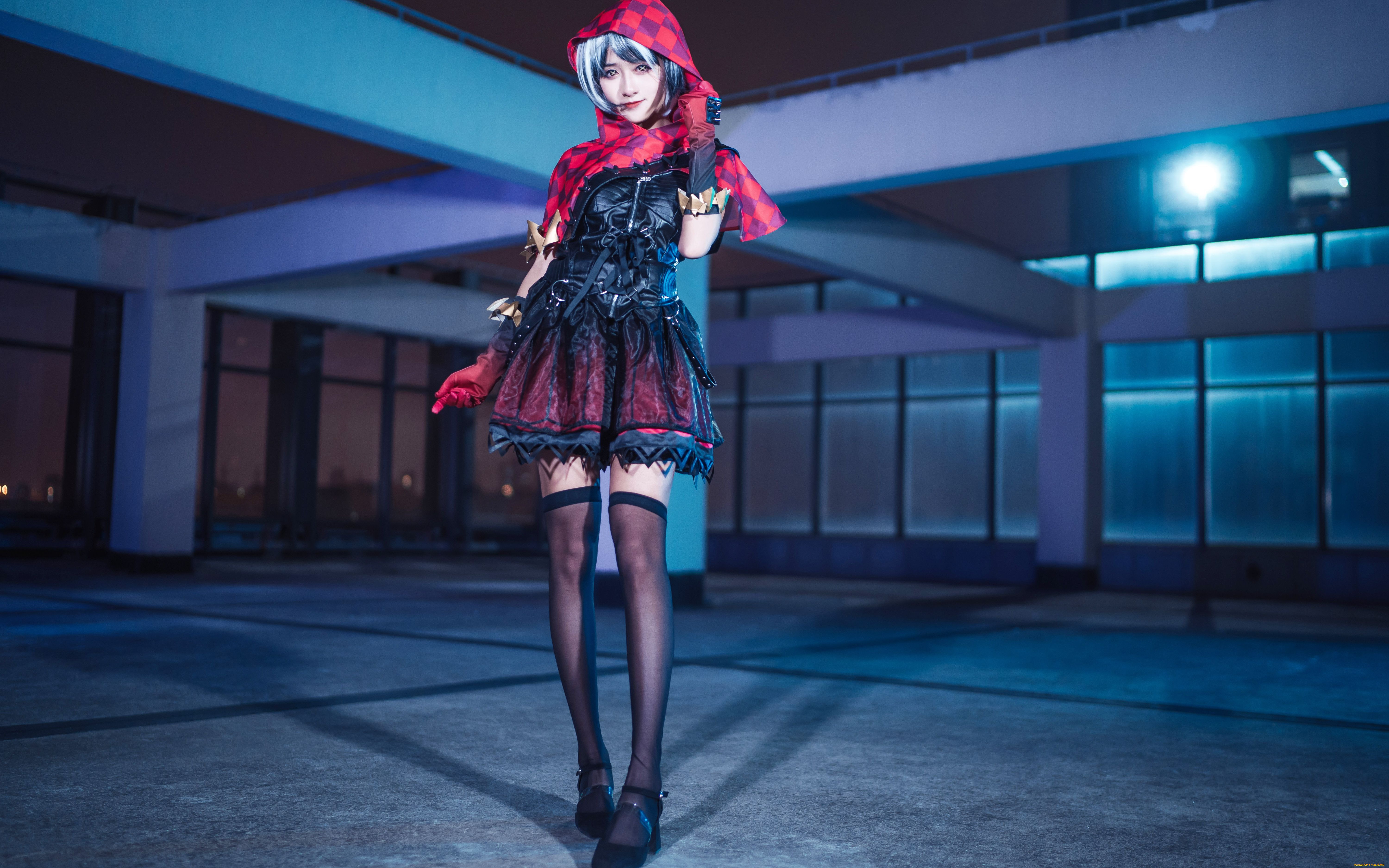 девушки, -, креатив, , косплей, шарф, костюм, платье, чулки, здание